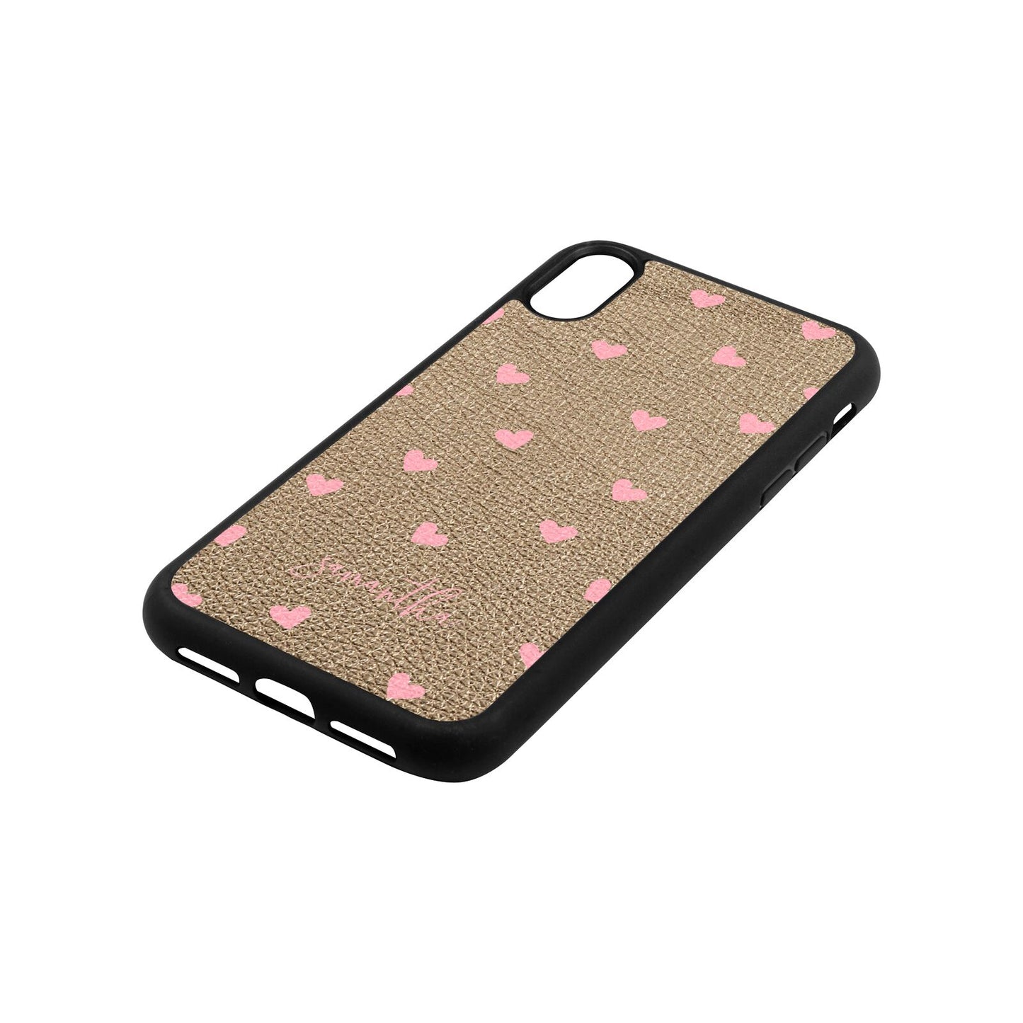 Pink Hearts with Custom Name Gold Pebble Leather iPhone Xr Case Side Angle