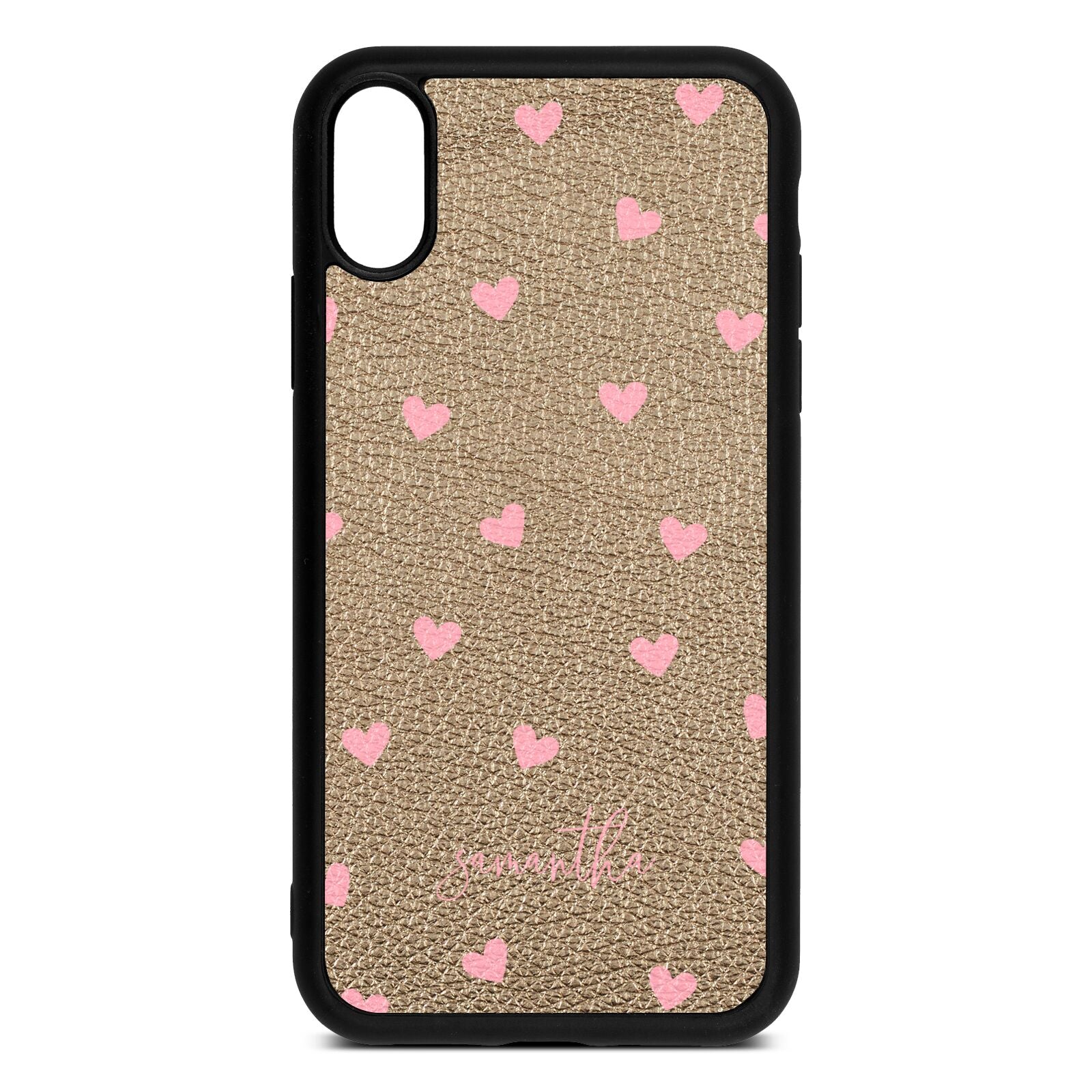 Pink Hearts with Custom Name Gold Pebble Leather iPhone Xr Case