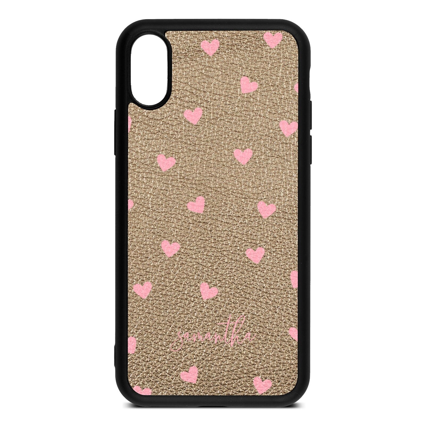 Pink Hearts with Custom Name Gold Pebble Leather iPhone Xs Case