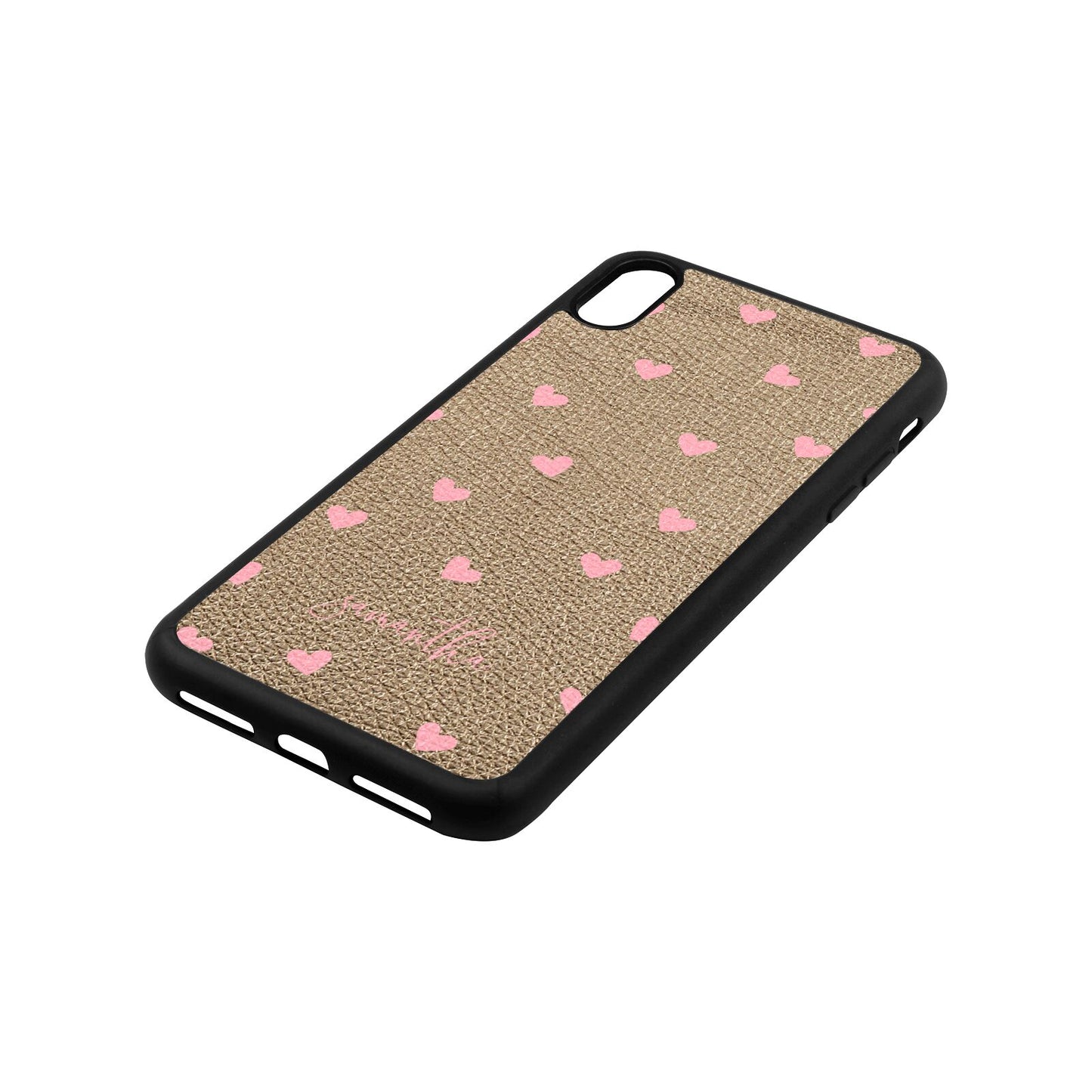 Pink Hearts with Custom Name Gold Pebble Leather iPhone Xs Max Case Side Angle