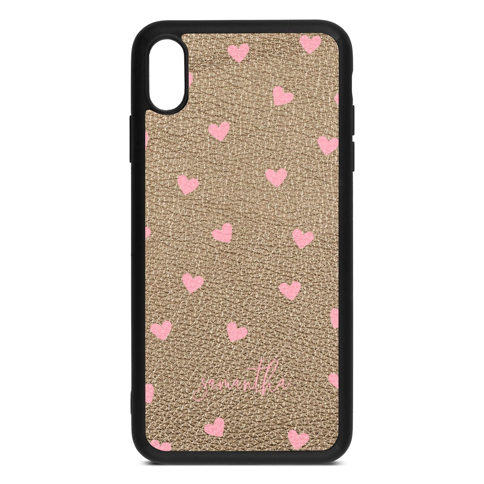 Pink Hearts with Custom Name Gold Pebble Leather iPhone Xs Max Case