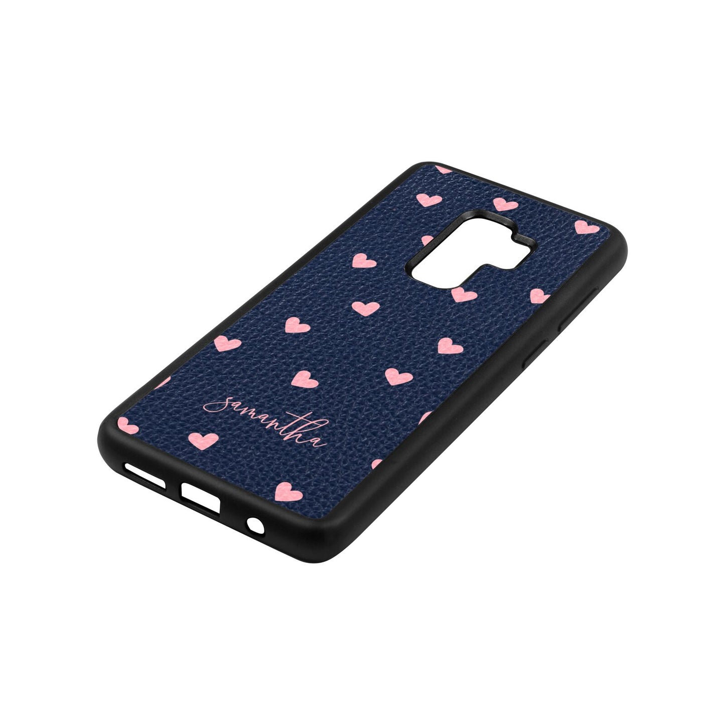 Pink Hearts with Custom Name Navy Blue Pebble Leather Samsung S9 Plus Case Side Angle