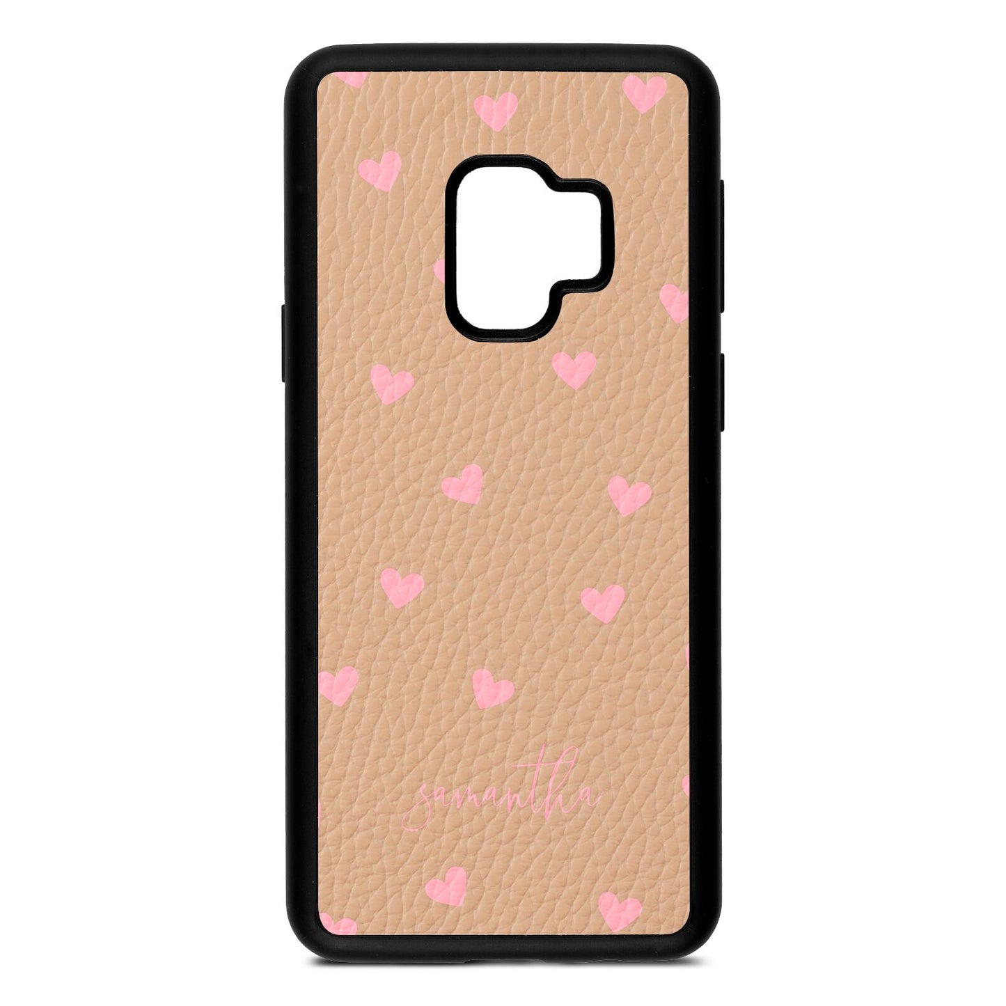 Pink Hearts with Custom Name Nude Pebble Leather Samsung S9 Case