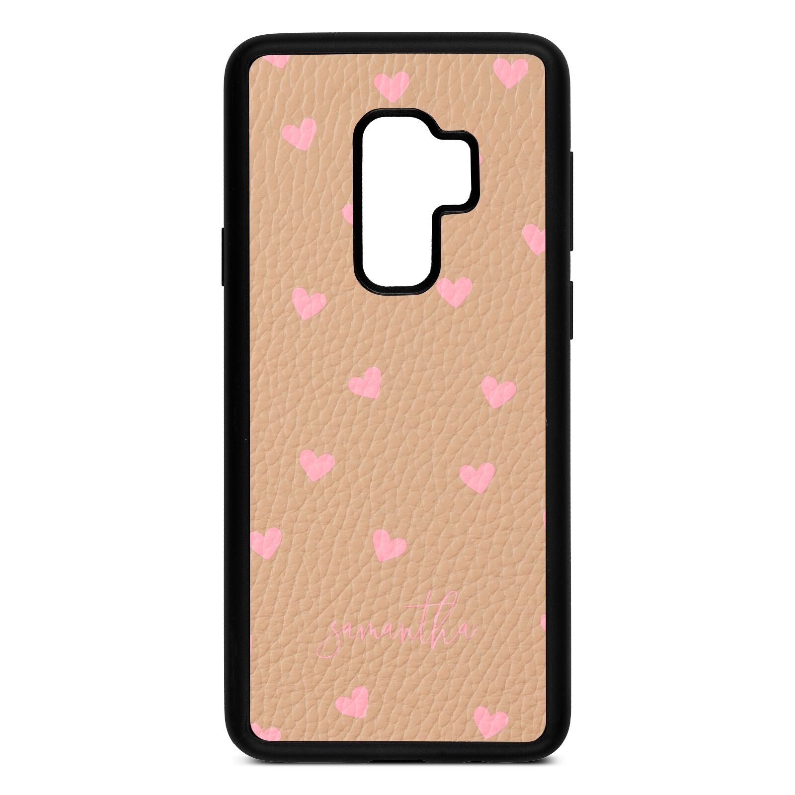 Pink Hearts with Custom Name Nude Pebble Leather Samsung S9 Plus Case