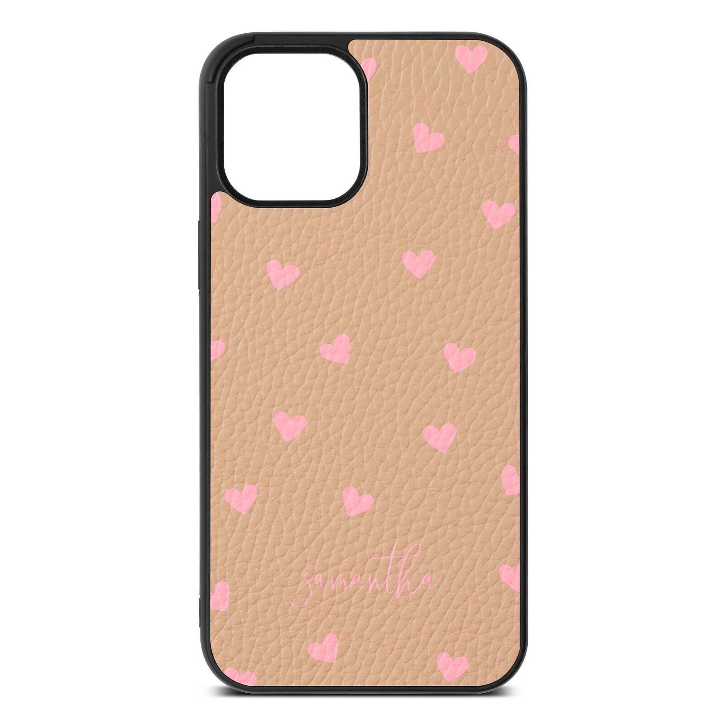 Pink Hearts with Custom Name Nude Pebble Leather iPhone 12 Pro Max Case