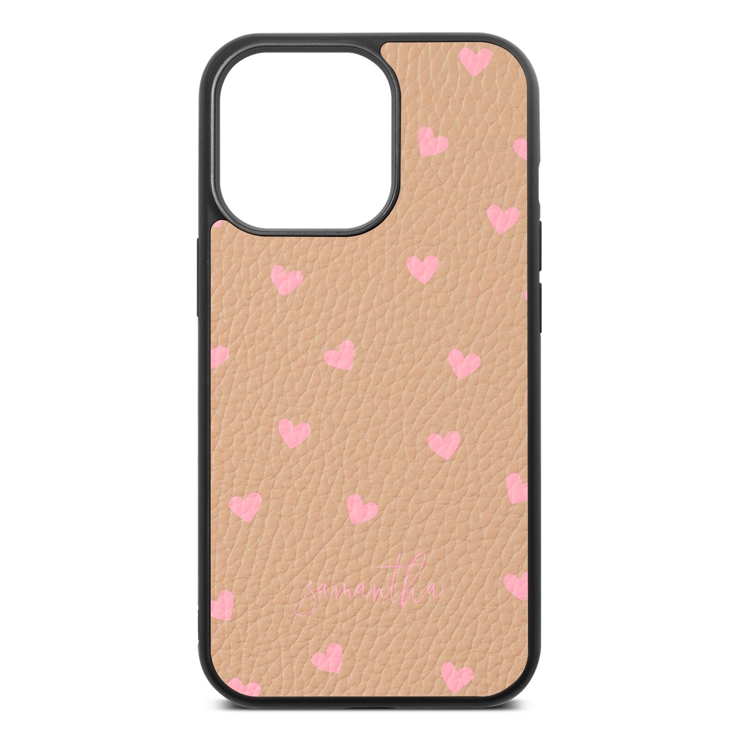 Pink Hearts with Custom Name Nude Pebble Leather iPhone 13 Pro Case