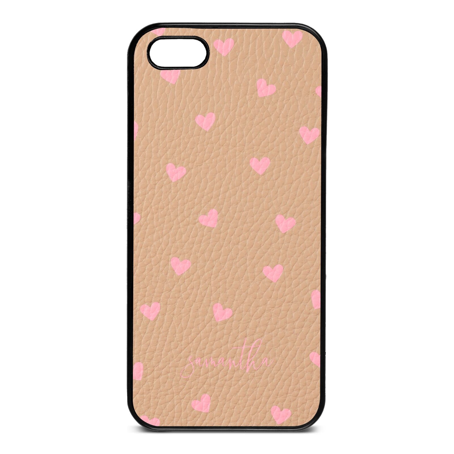 Pink Hearts with Custom Name Nude Pebble Leather iPhone 5 Case