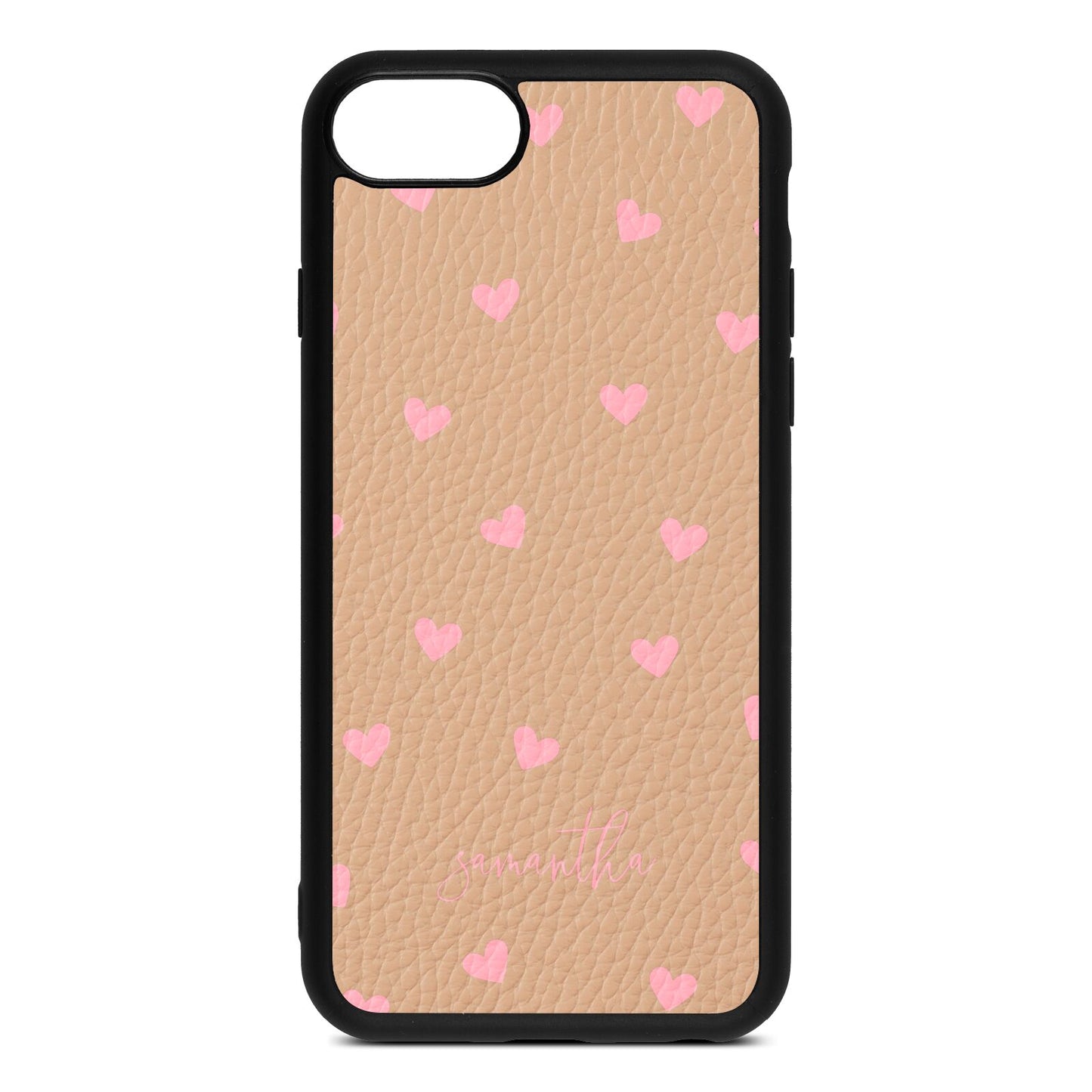 Pink Hearts with Custom Name Nude Pebble Leather iPhone 8 Case