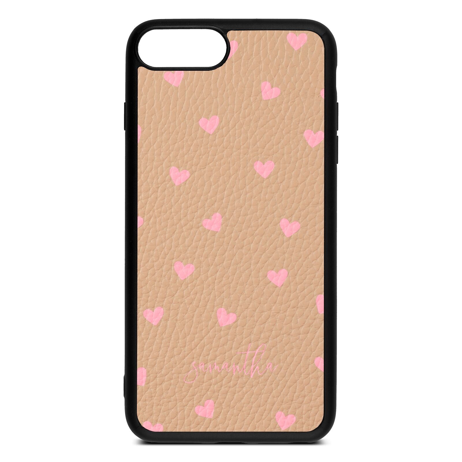 Pink Hearts with Custom Name Nude Pebble Leather iPhone 8 Plus Case