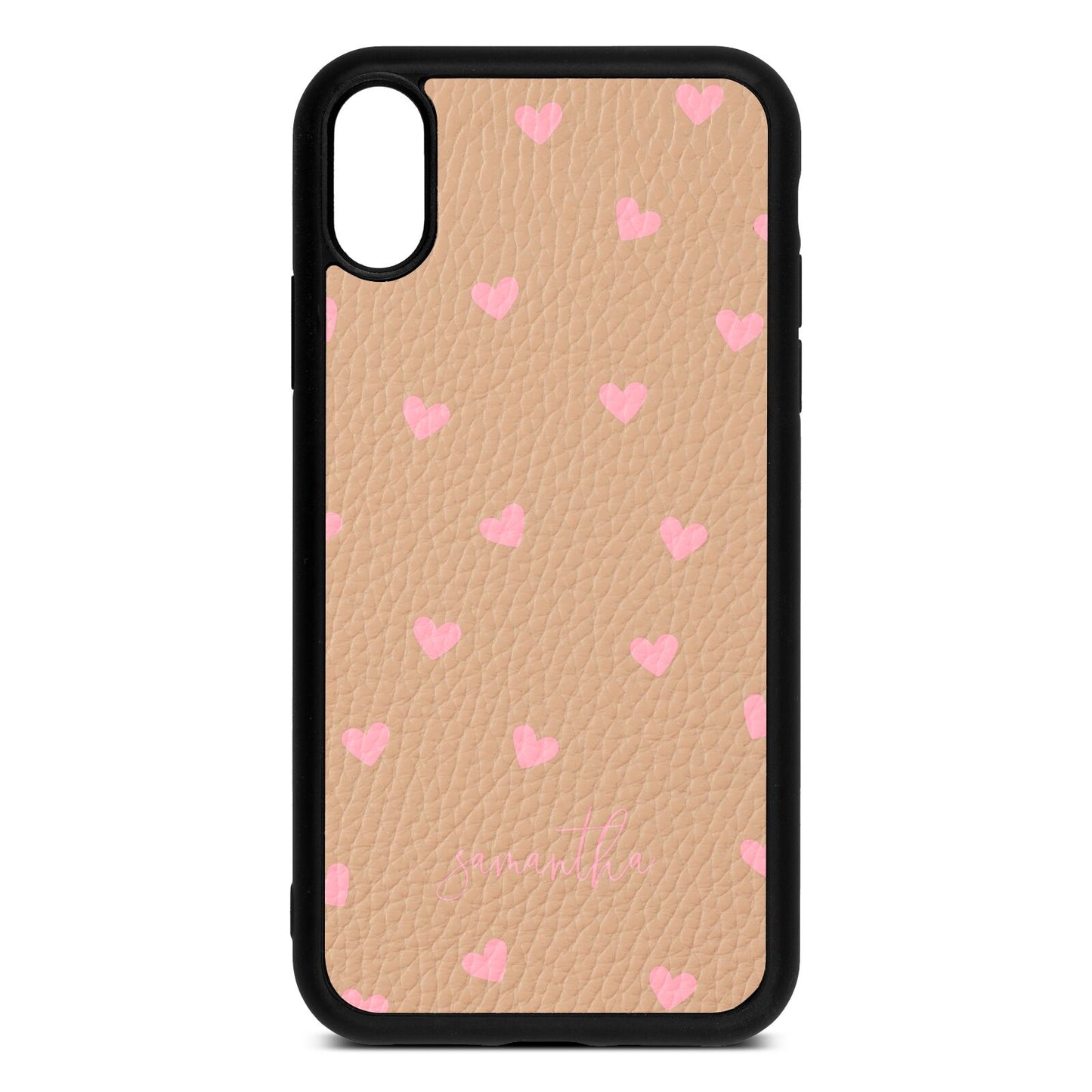 Pink Hearts with Custom Name Nude Pebble Leather iPhone Xr Case