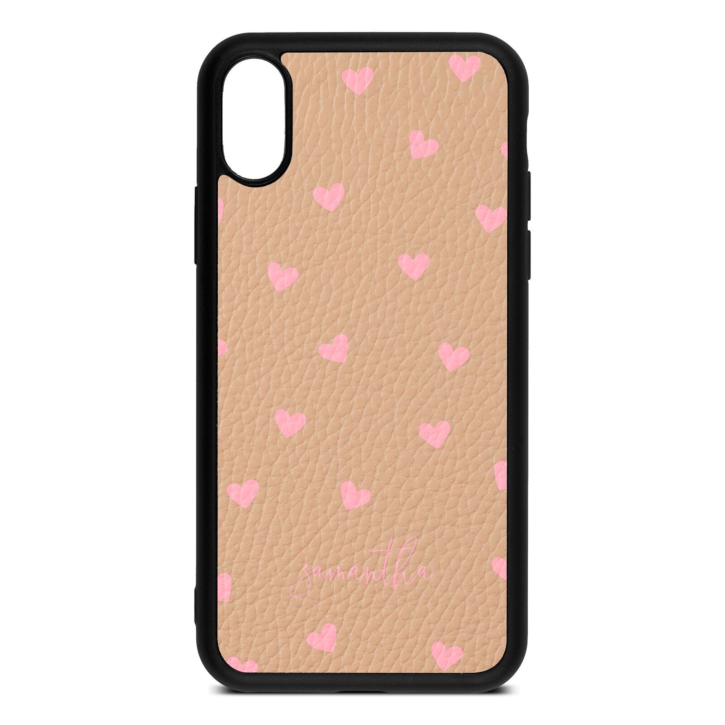 Pink Hearts with Custom Name Nude Pebble Leather iPhone Xs Case