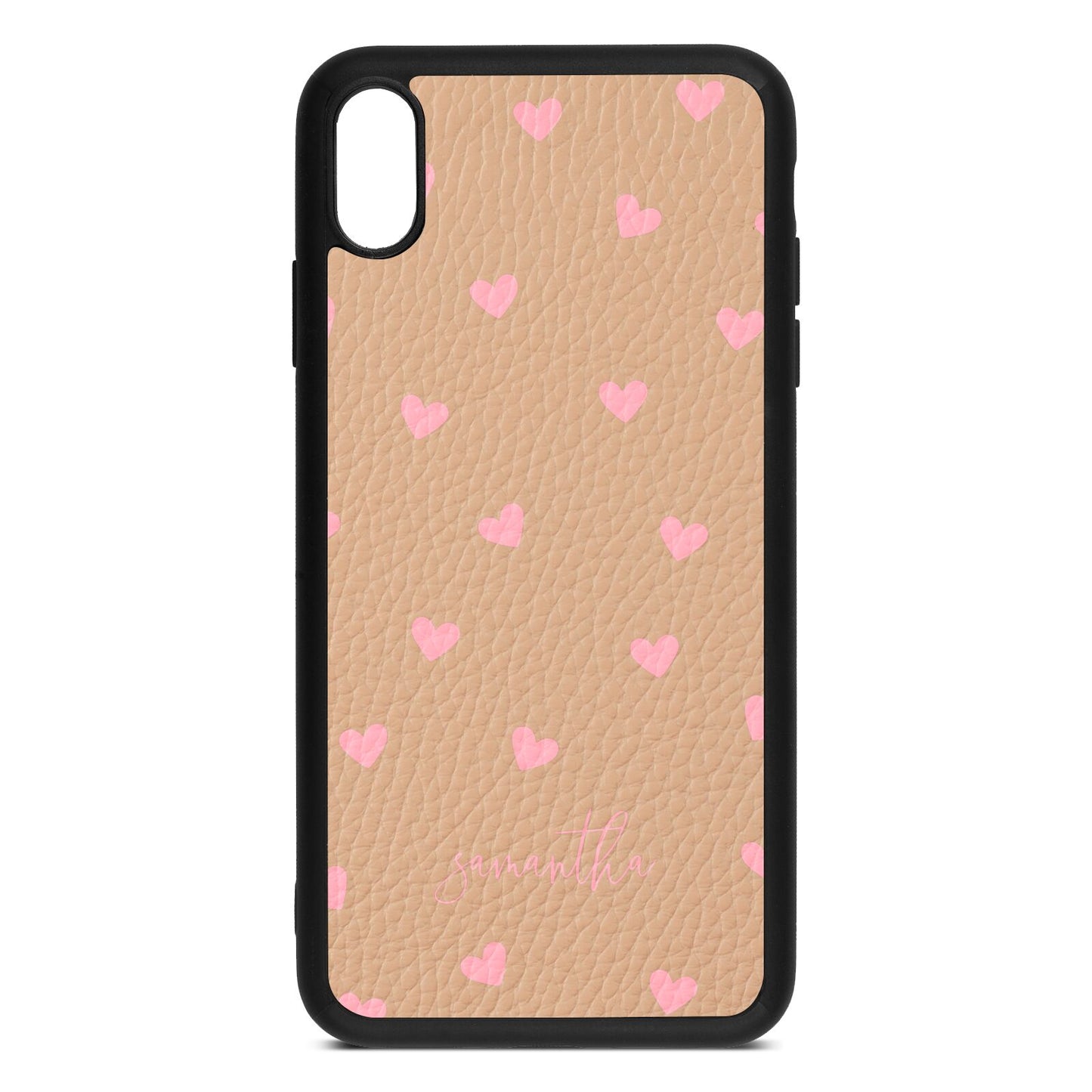 Pink Hearts with Custom Name Nude Pebble Leather iPhone Xs Max Case