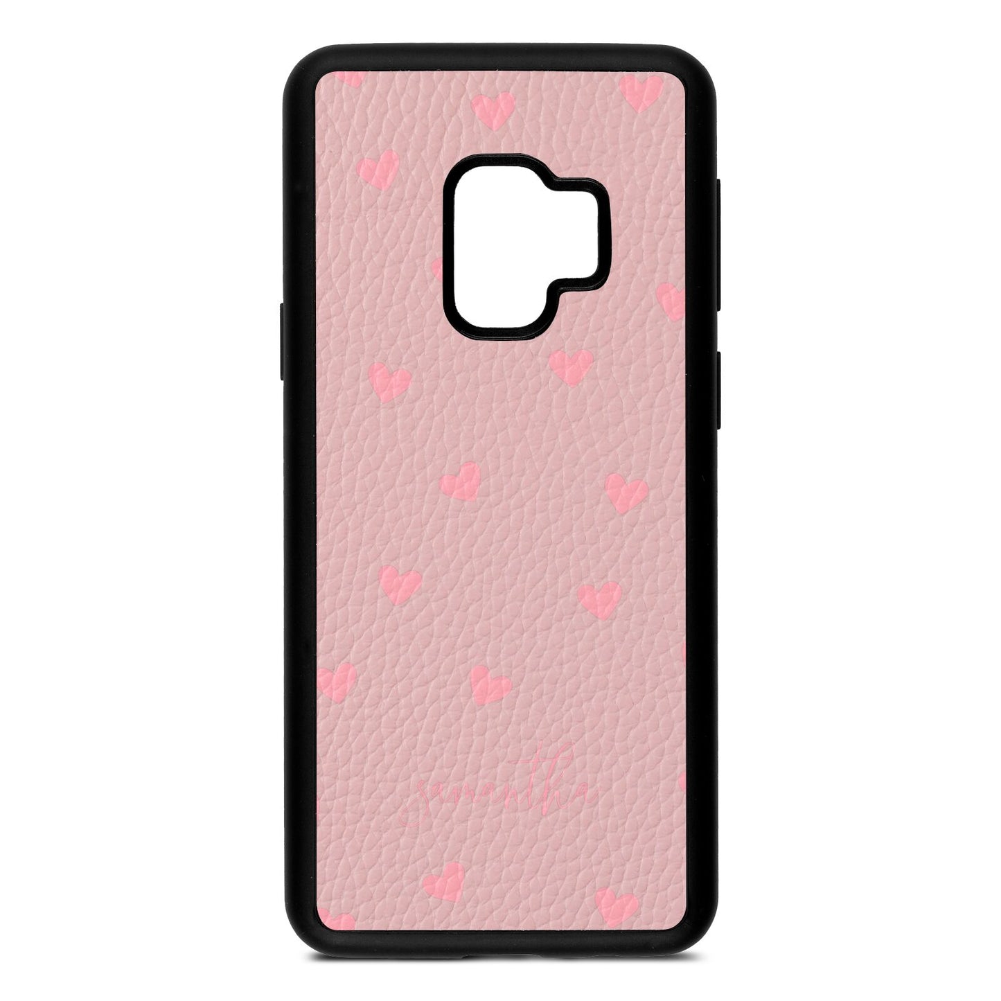 Pink Hearts with Custom Name Pink Pebble Leather Samsung S9 Case