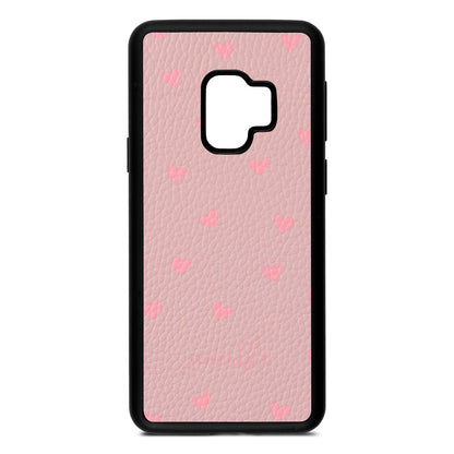 Pink Hearts with Custom Name Pink Pebble Leather Samsung S9 Case