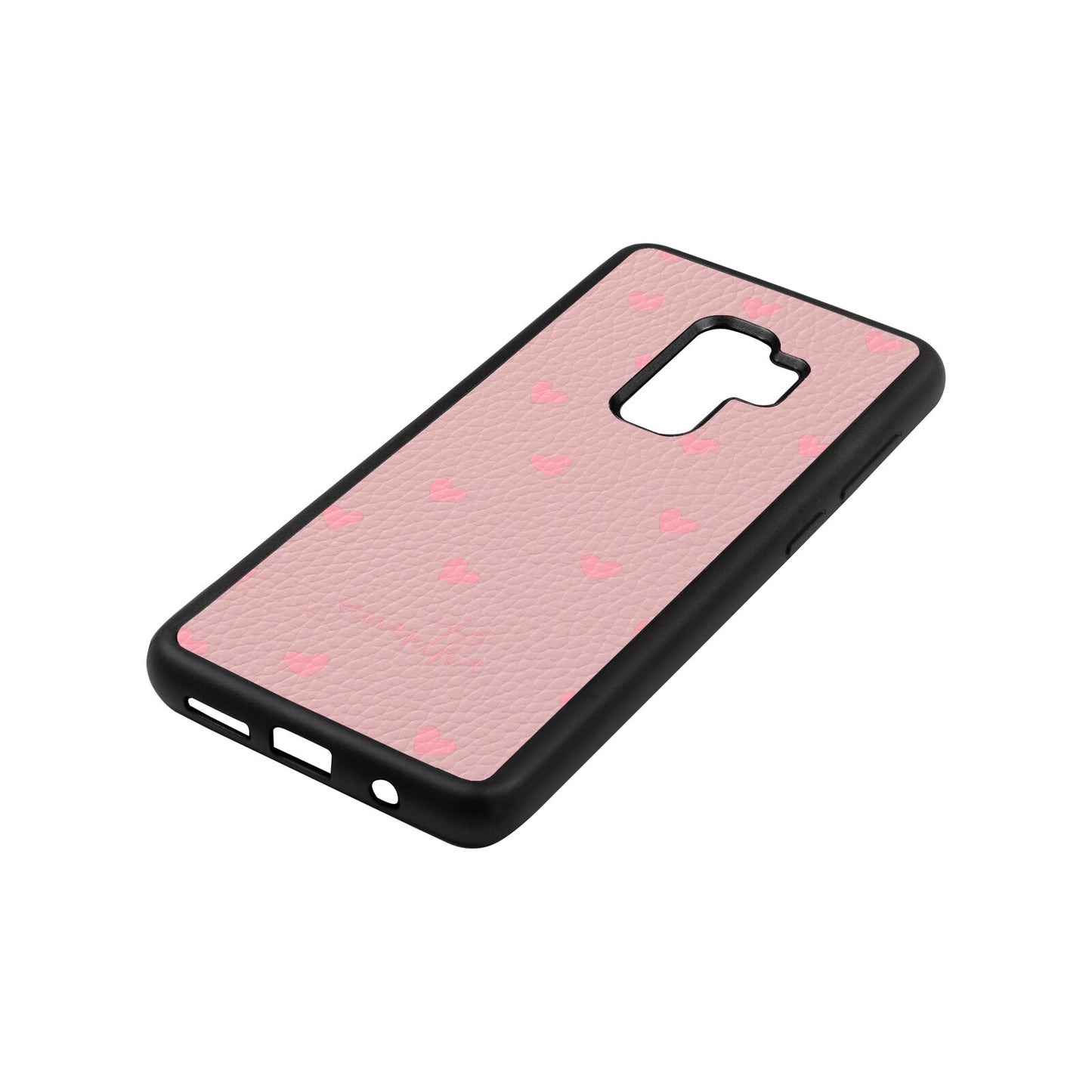 Pink Hearts with Custom Name Pink Pebble Leather Samsung S9 Plus Case Side Angle