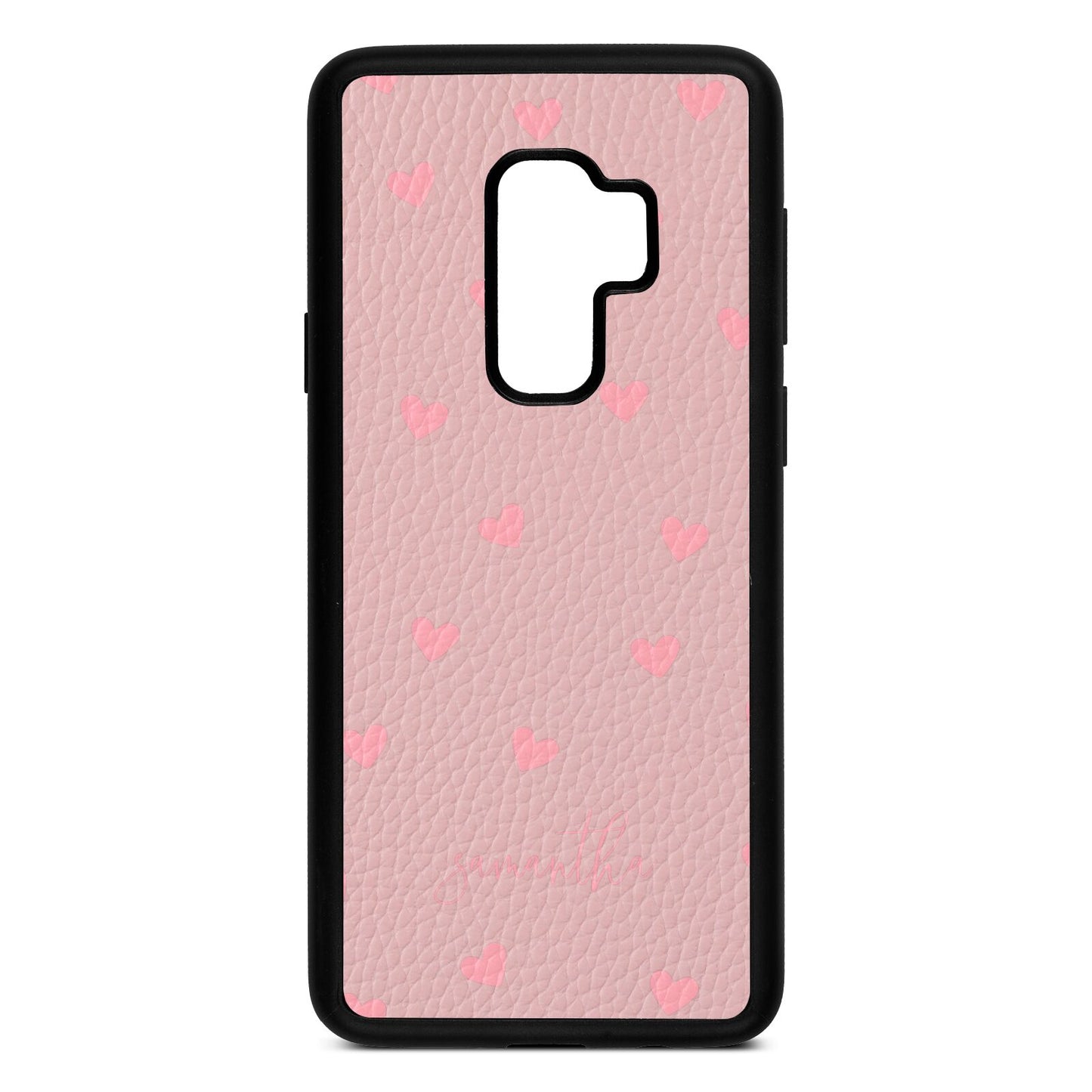 Pink Hearts with Custom Name Pink Pebble Leather Samsung S9 Plus Case