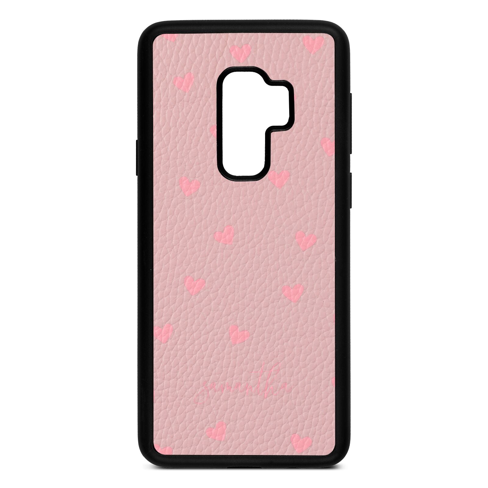 Pink Hearts with Custom Name Pink Pebble Leather Samsung S9 Plus Case