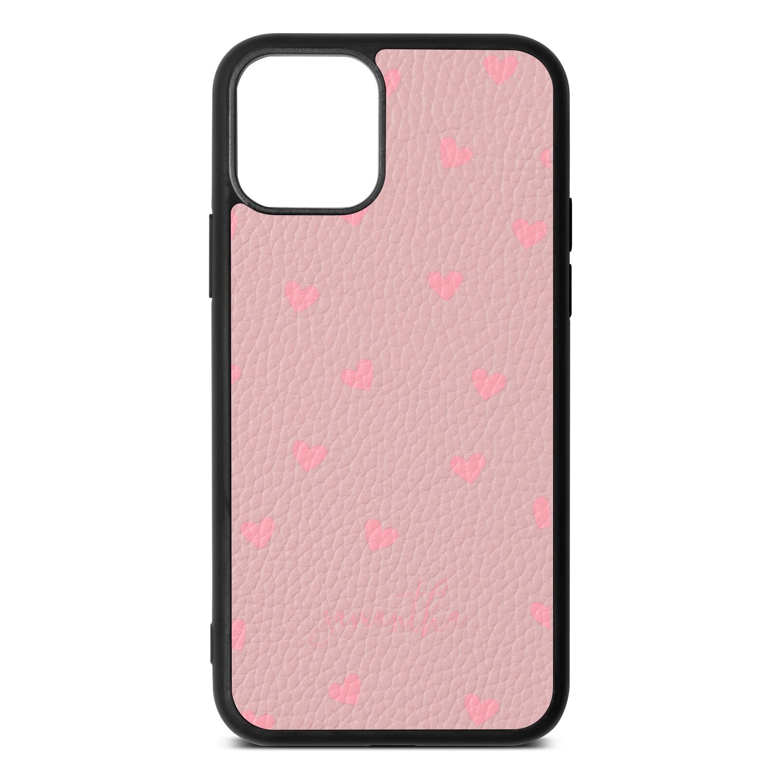 Pink Hearts with Custom Name Pink Pebble Leather iPhone 11 Case