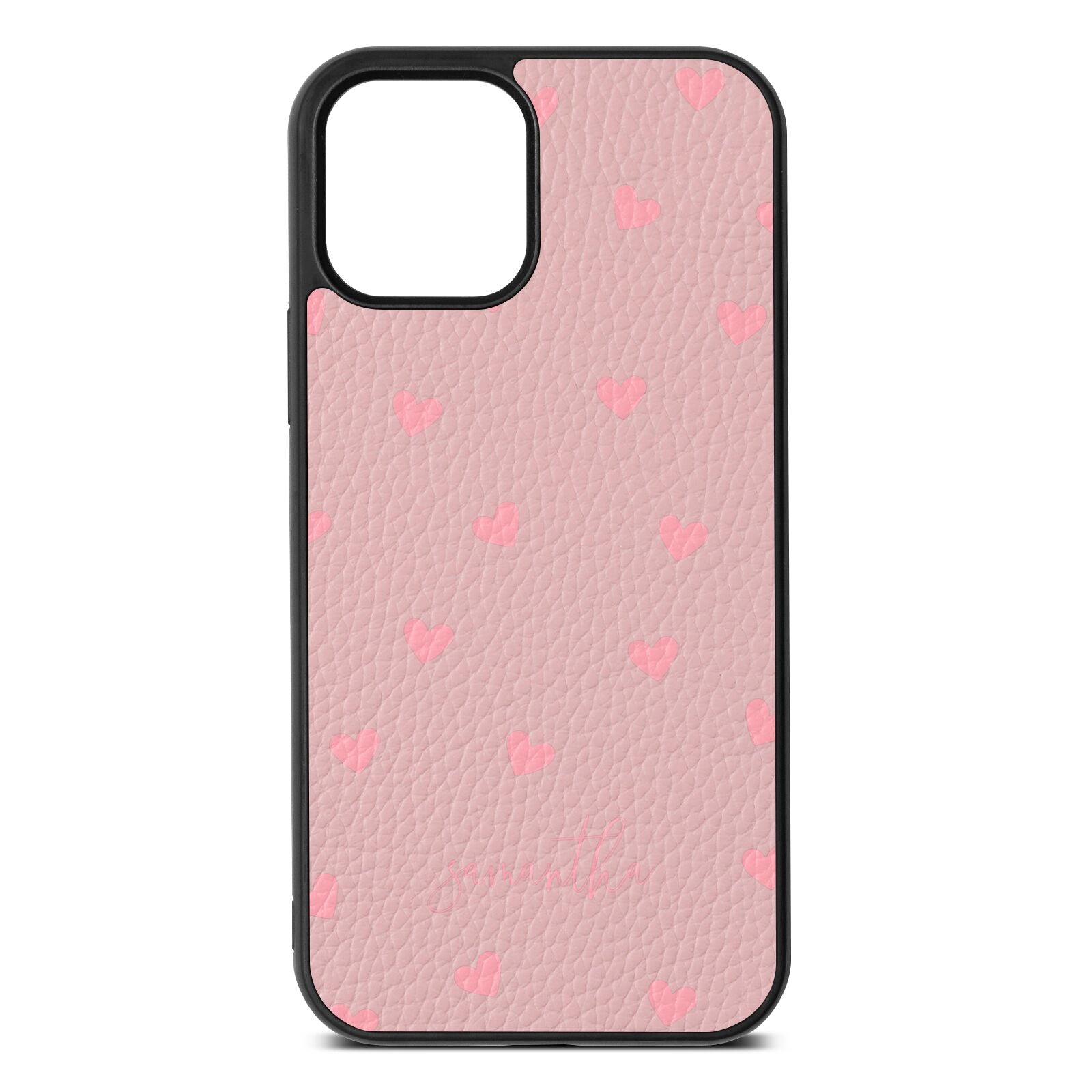 Pink Hearts with Custom Name Pink Pebble Leather iPhone 12 Case