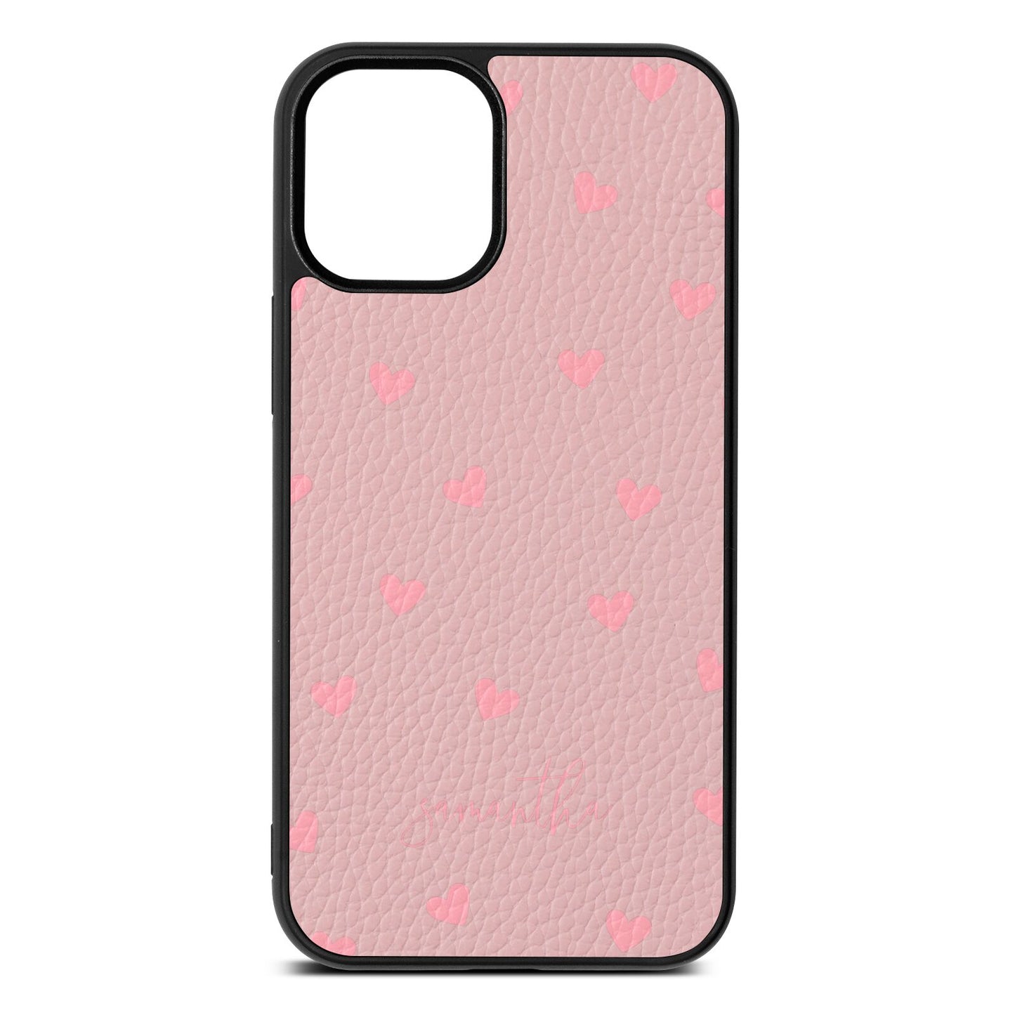 Pink Hearts with Custom Name Pink Pebble Leather iPhone 12 Mini Case