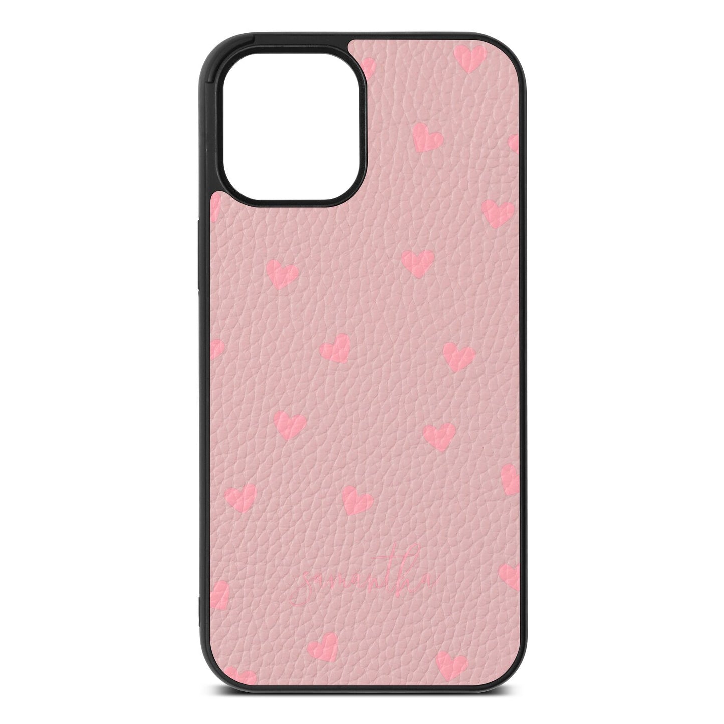 Pink Hearts with Custom Name Pink Pebble Leather iPhone 12 Pro Max Case