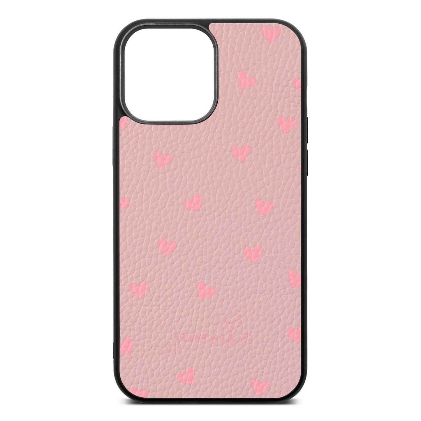 Pink Hearts with Custom Name Pink Pebble Leather iPhone 13 Pro Max Case