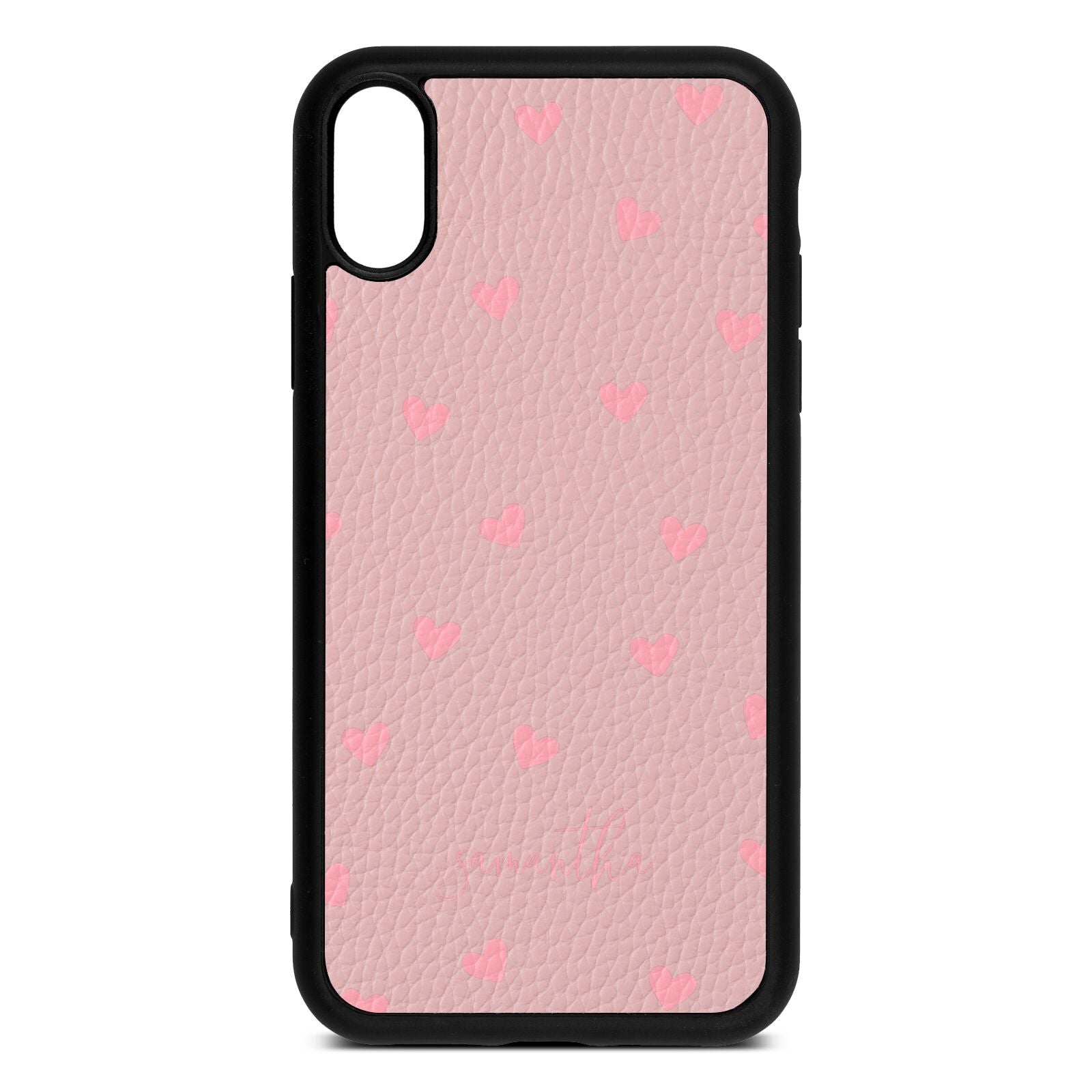 Pink Hearts with Custom Name Pink Pebble Leather iPhone Xr Case