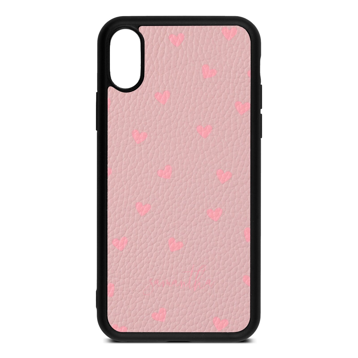 Pink Hearts with Custom Name Pink Pebble Leather iPhone Xs Case