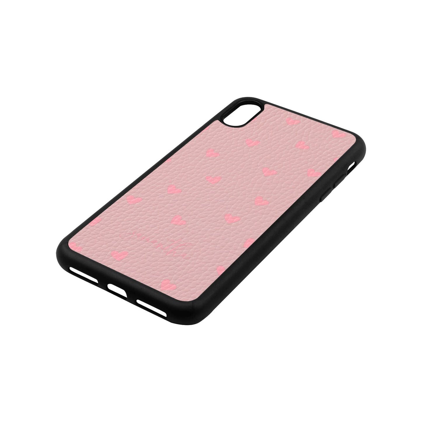 Pink Hearts with Custom Name Pink Pebble Leather iPhone Xs Max Case Side Angle