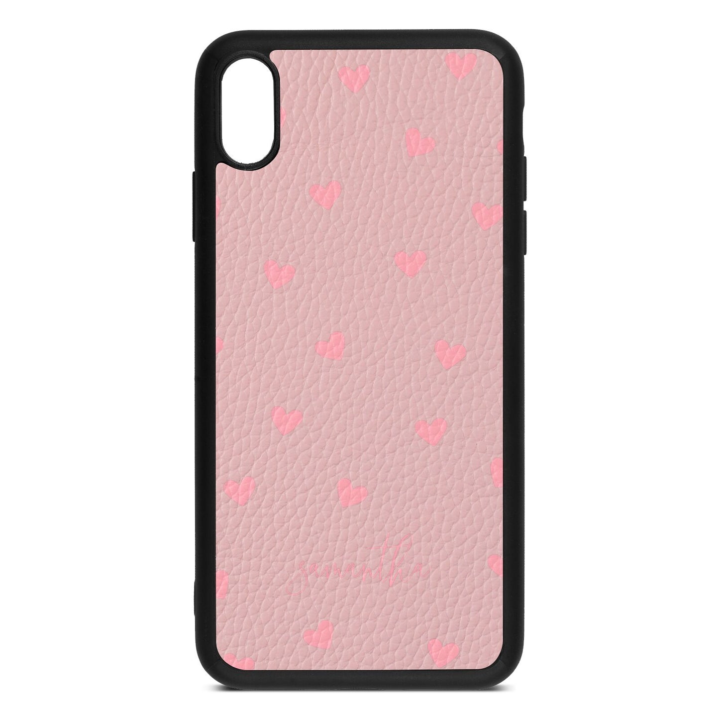 Pink Hearts with Custom Name Pink Pebble Leather iPhone Xs Max Case