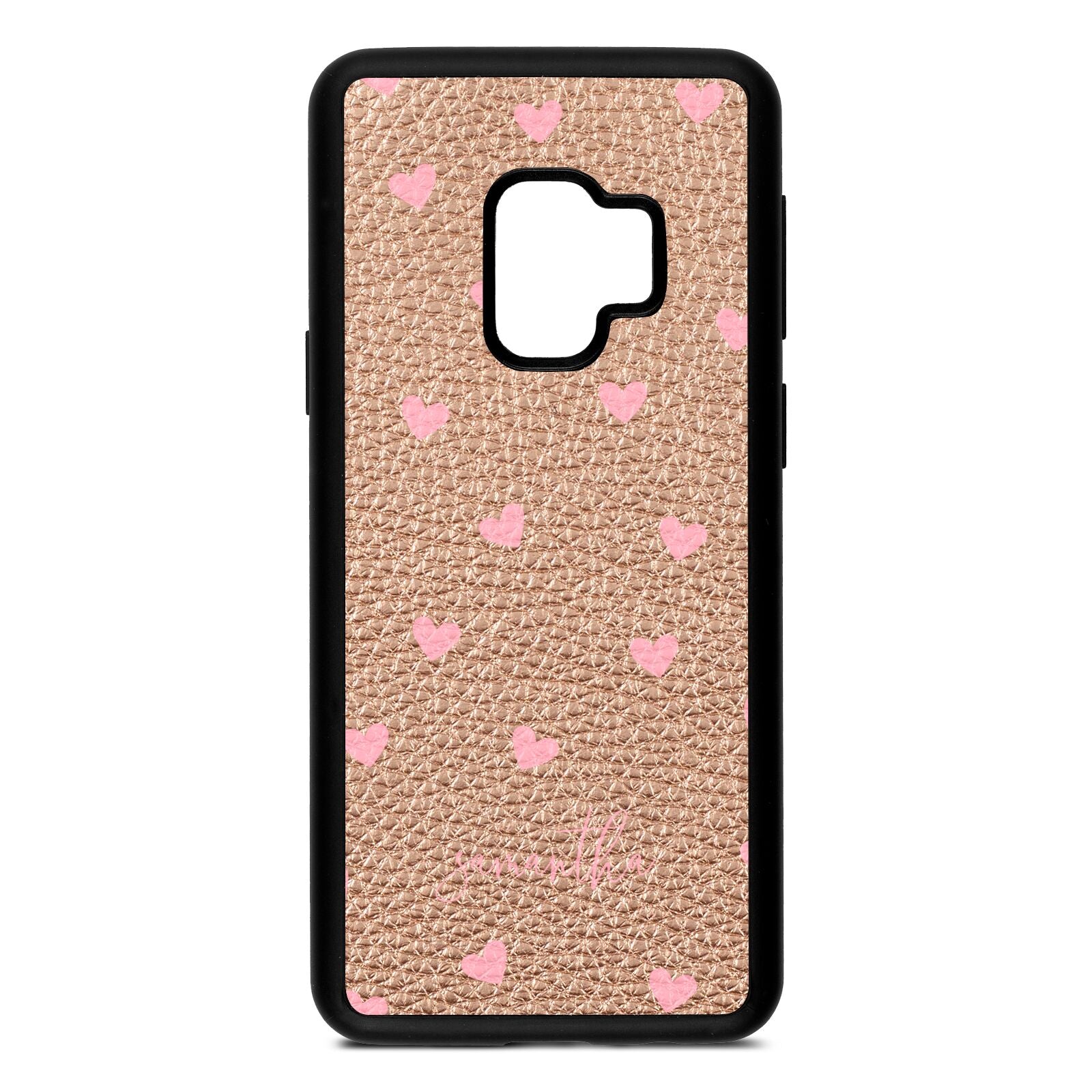 Pink Hearts with Custom Name Rose Gold Pebble Leather Samsung S9 Case