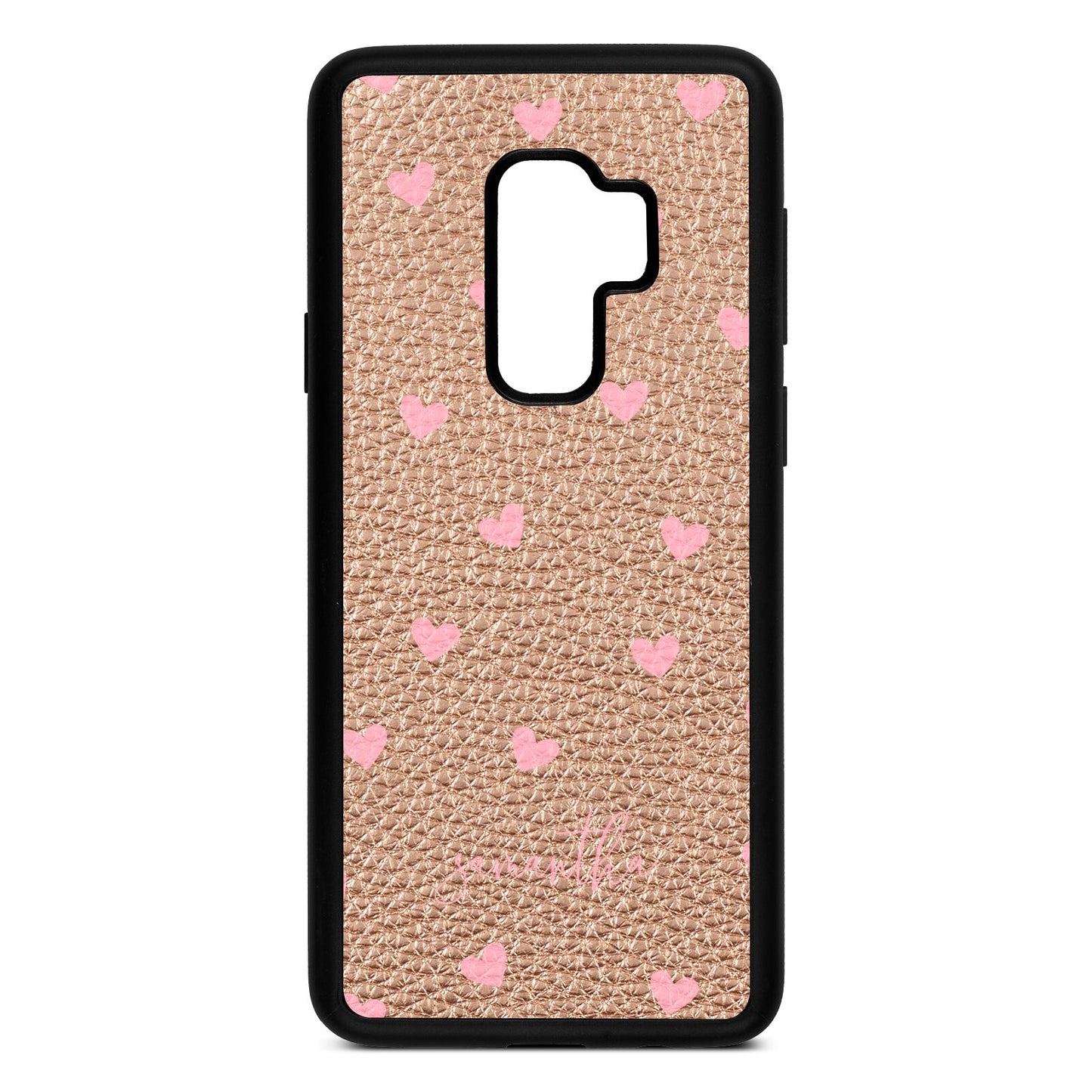 Pink Hearts with Custom Name Rose Gold Pebble Leather Samsung S9 Plus Case