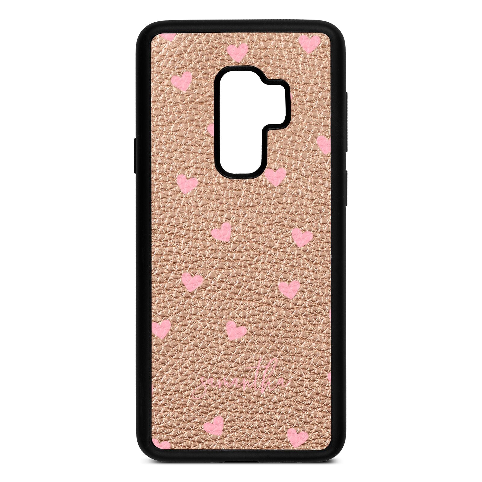 Pink Hearts with Custom Name Rose Gold Pebble Leather Samsung S9 Plus Case