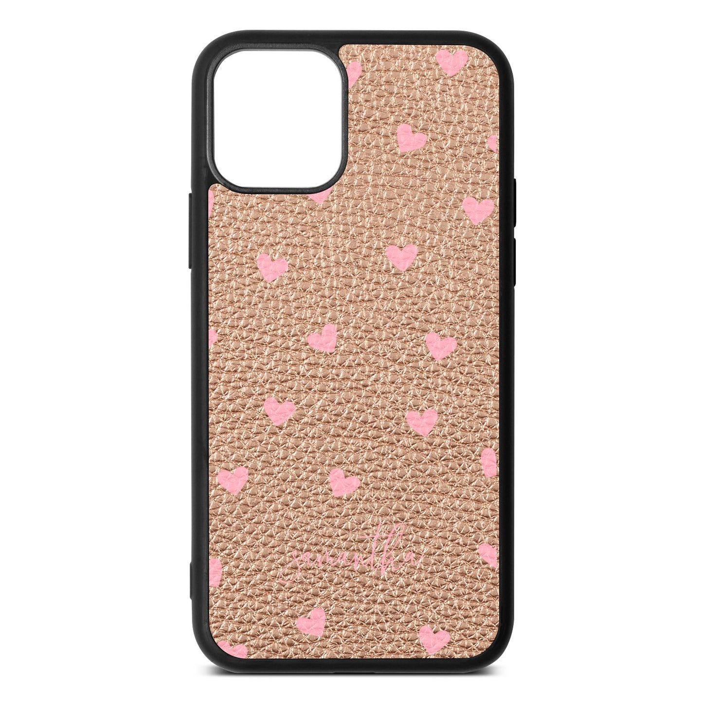 Pink Hearts with Custom Name Rose Gold Pebble Leather iPhone 11 Case