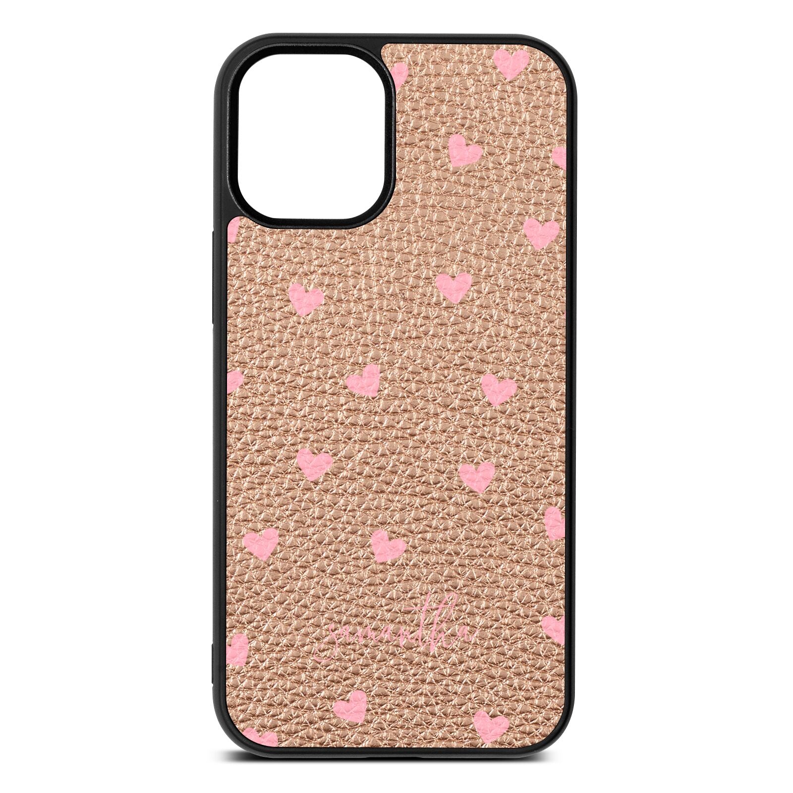 Pink Hearts with Custom Name Rose Gold Pebble Leather iPhone 12 Mini Case