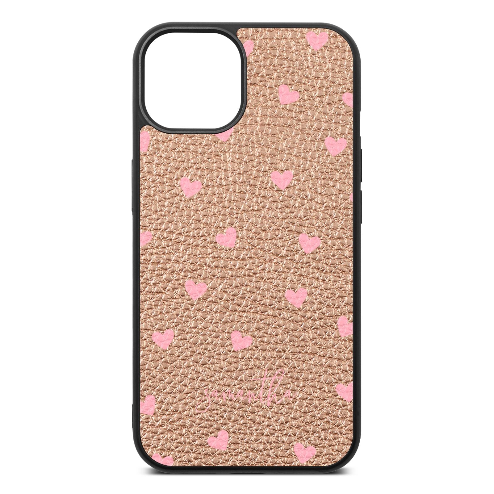 Pink Hearts with Custom Name Rose Gold Pebble Leather iPhone 13 Case