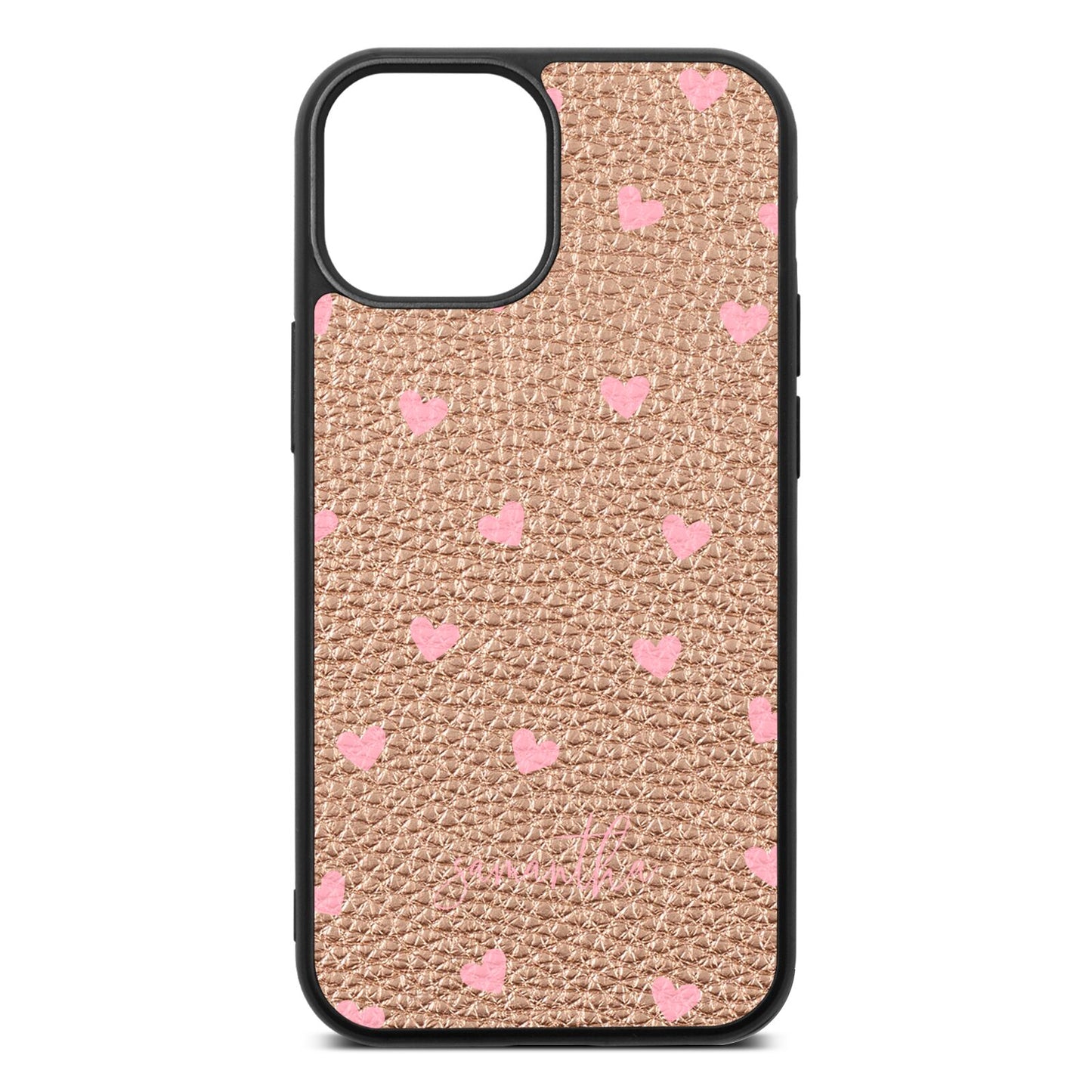 Pink Hearts with Custom Name Rose Gold Pebble Leather iPhone 13 Mini Case