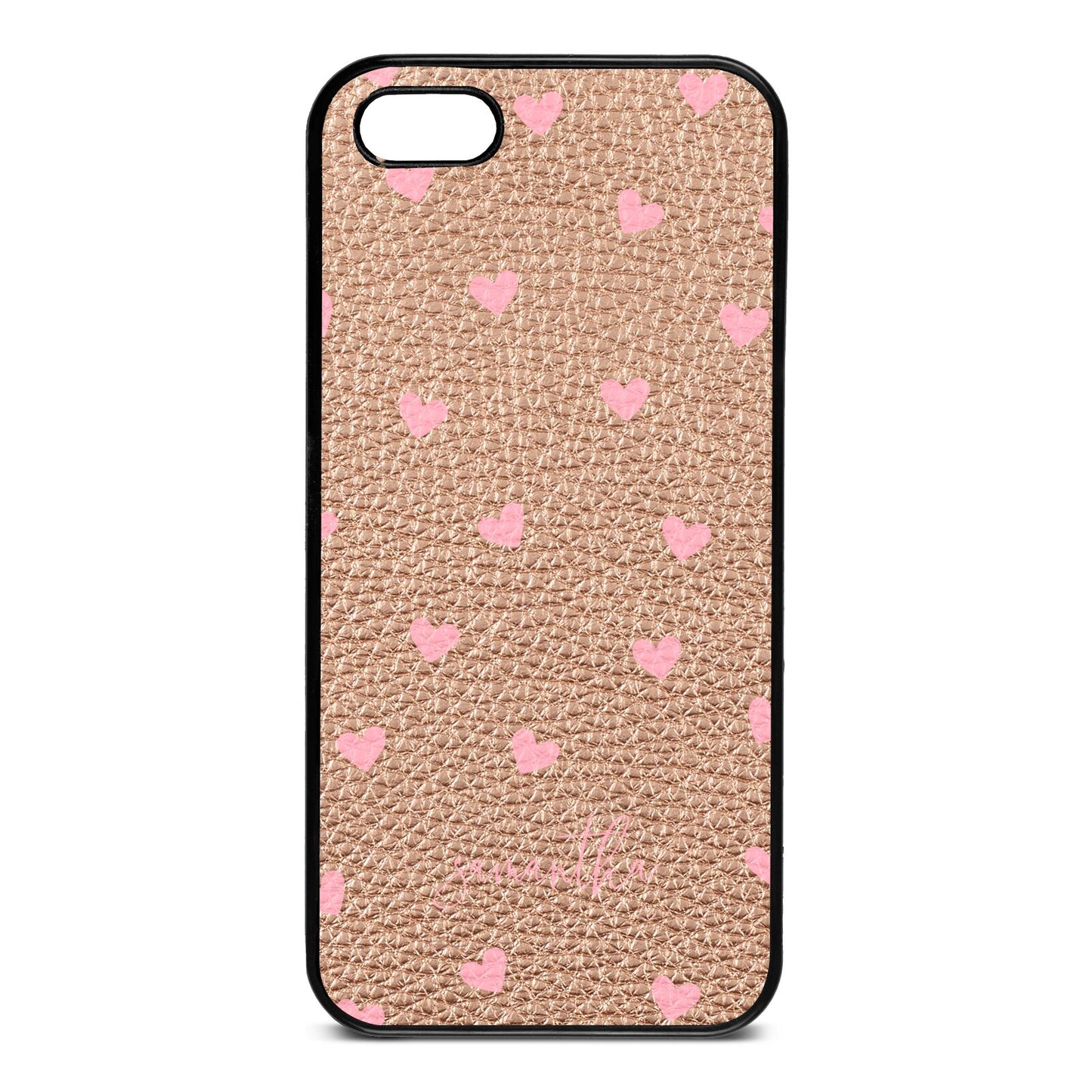 Pink Hearts with Custom Name Rose Gold Pebble Leather iPhone 5 Case