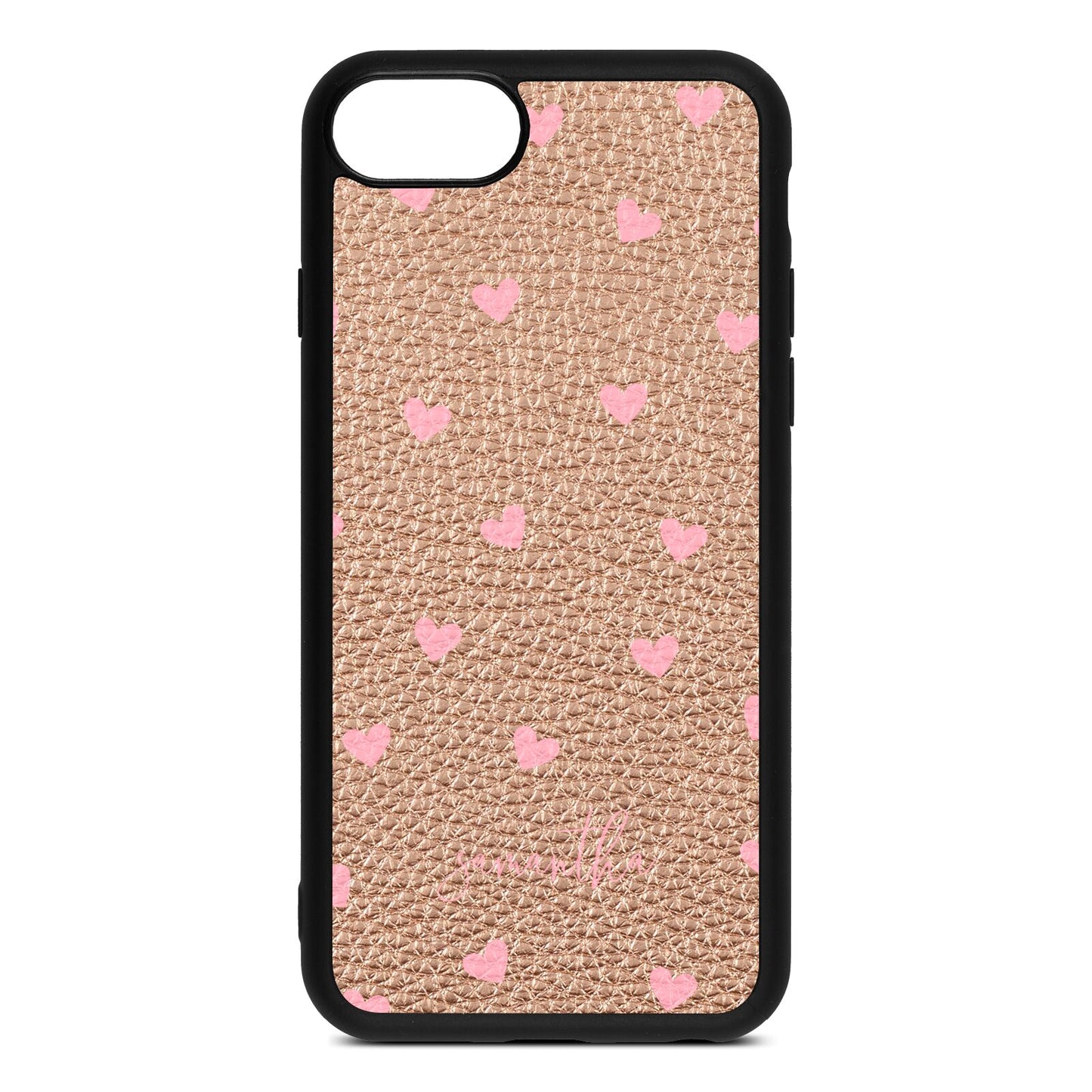 Pink Hearts with Custom Name Rose Gold Pebble Leather iPhone 8 Case