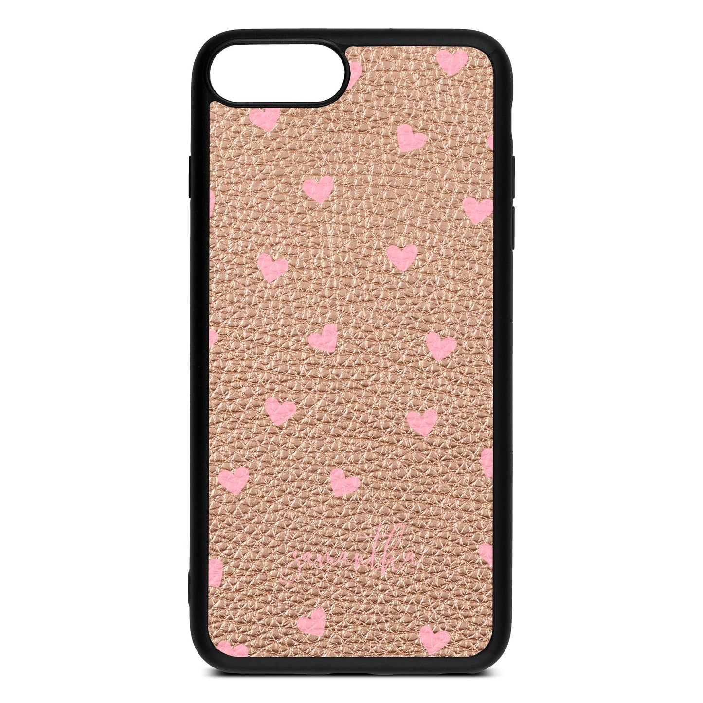 Pink Hearts with Custom Name Rose Gold Pebble Leather iPhone 8 Plus Case