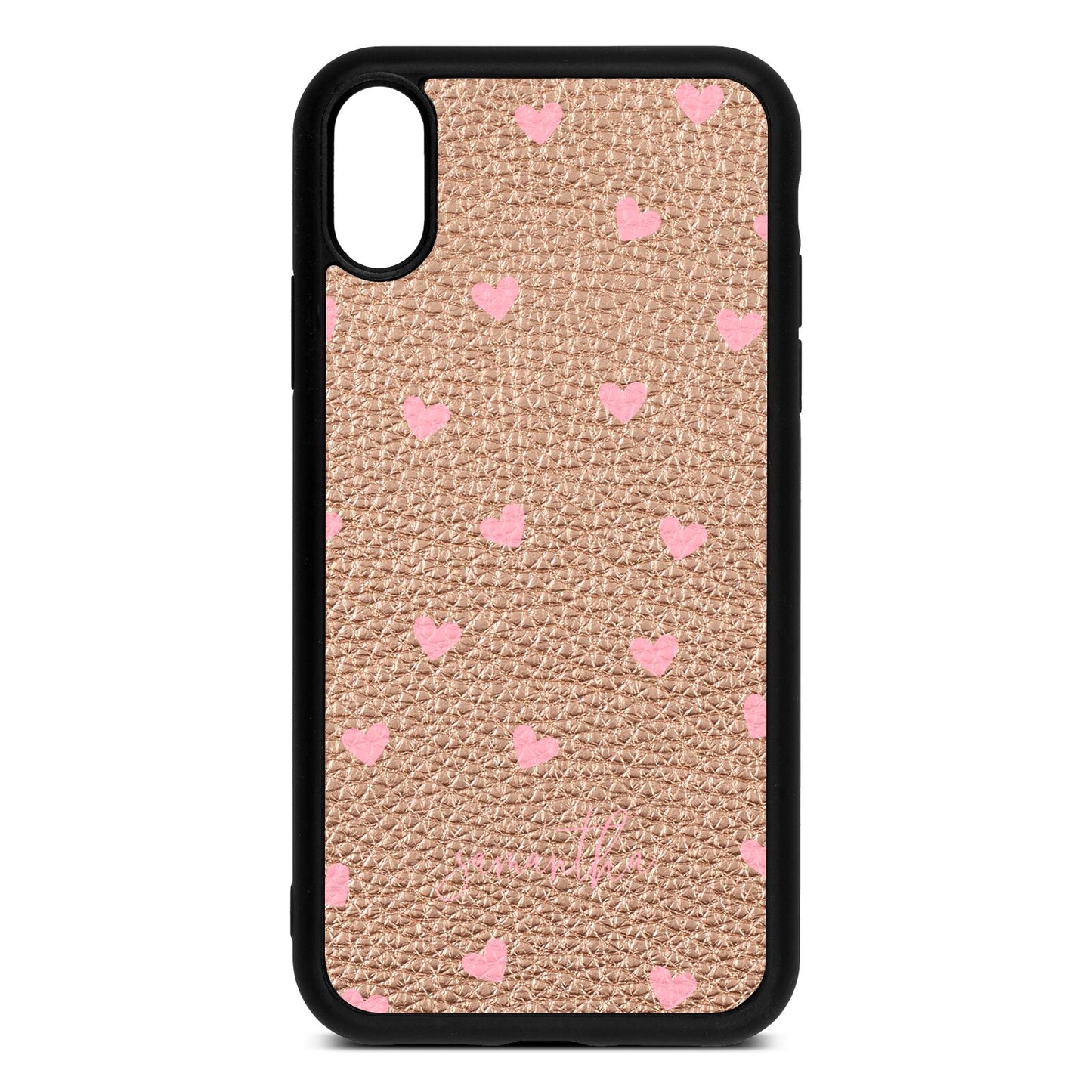 Pink Hearts with Custom Name Rose Gold Pebble Leather iPhone Xr Case