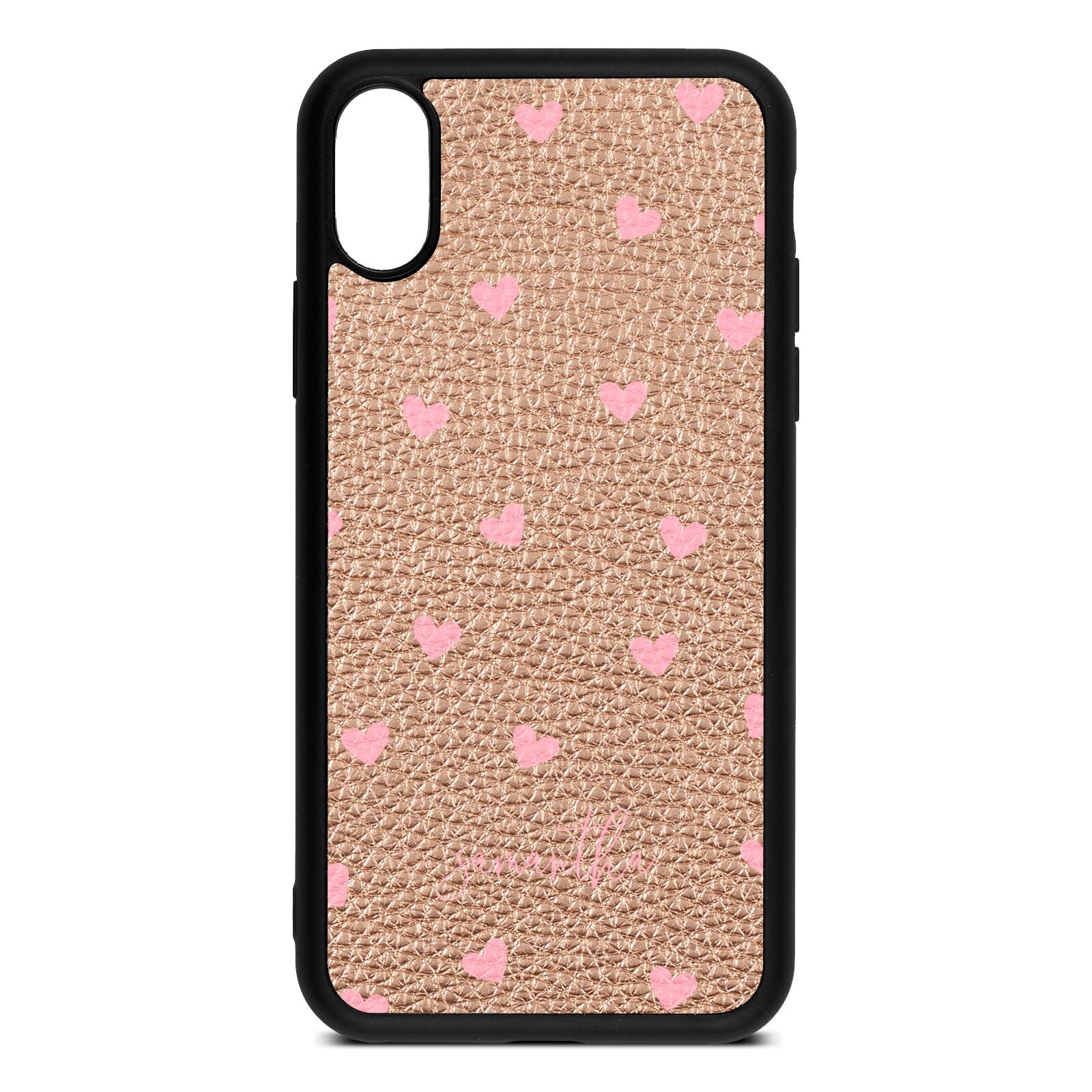 Pink Hearts with Custom Name Rose Gold Pebble Leather iPhone Xs Case