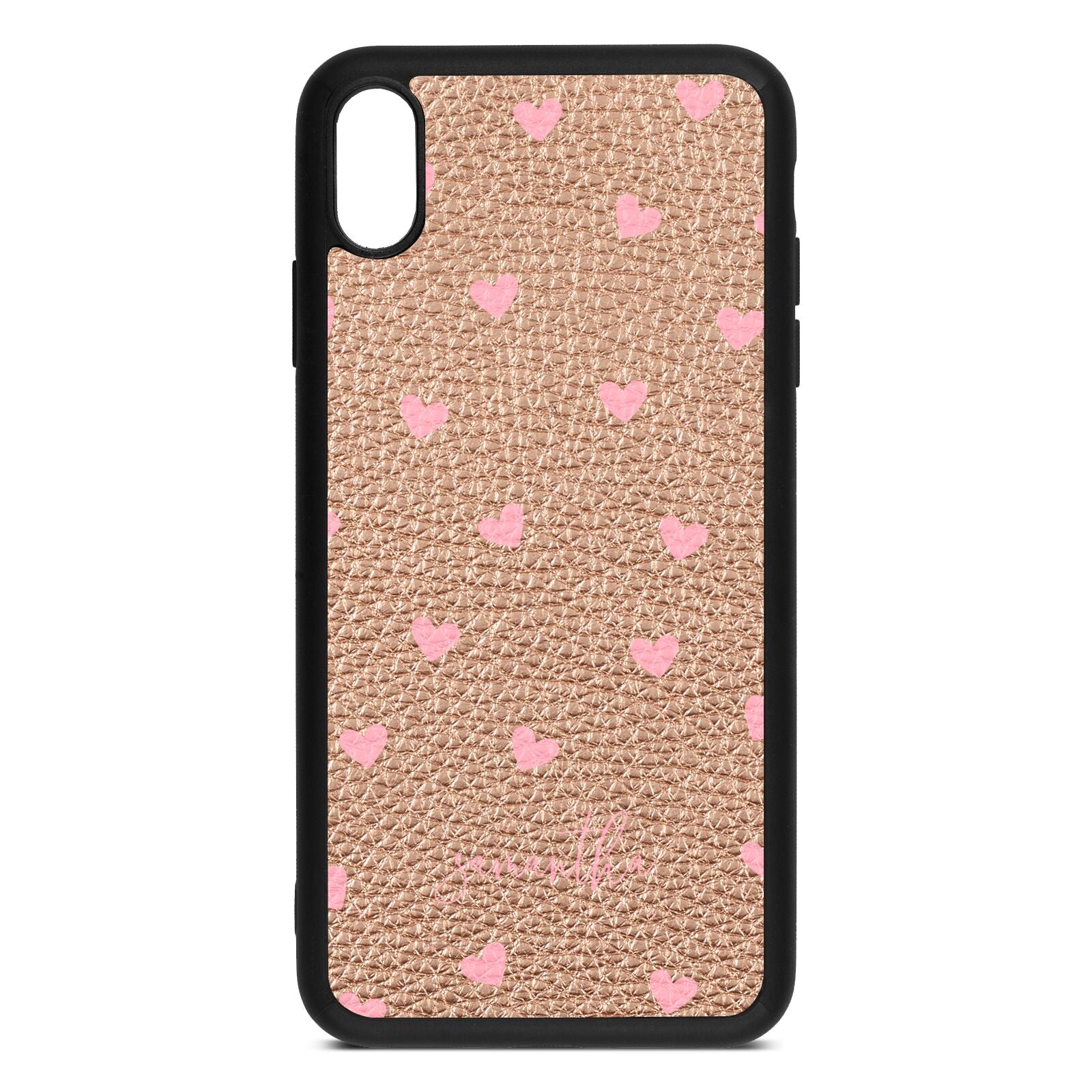 Pink Hearts with Custom Name Rose Gold Pebble Leather iPhone Xs Max Case