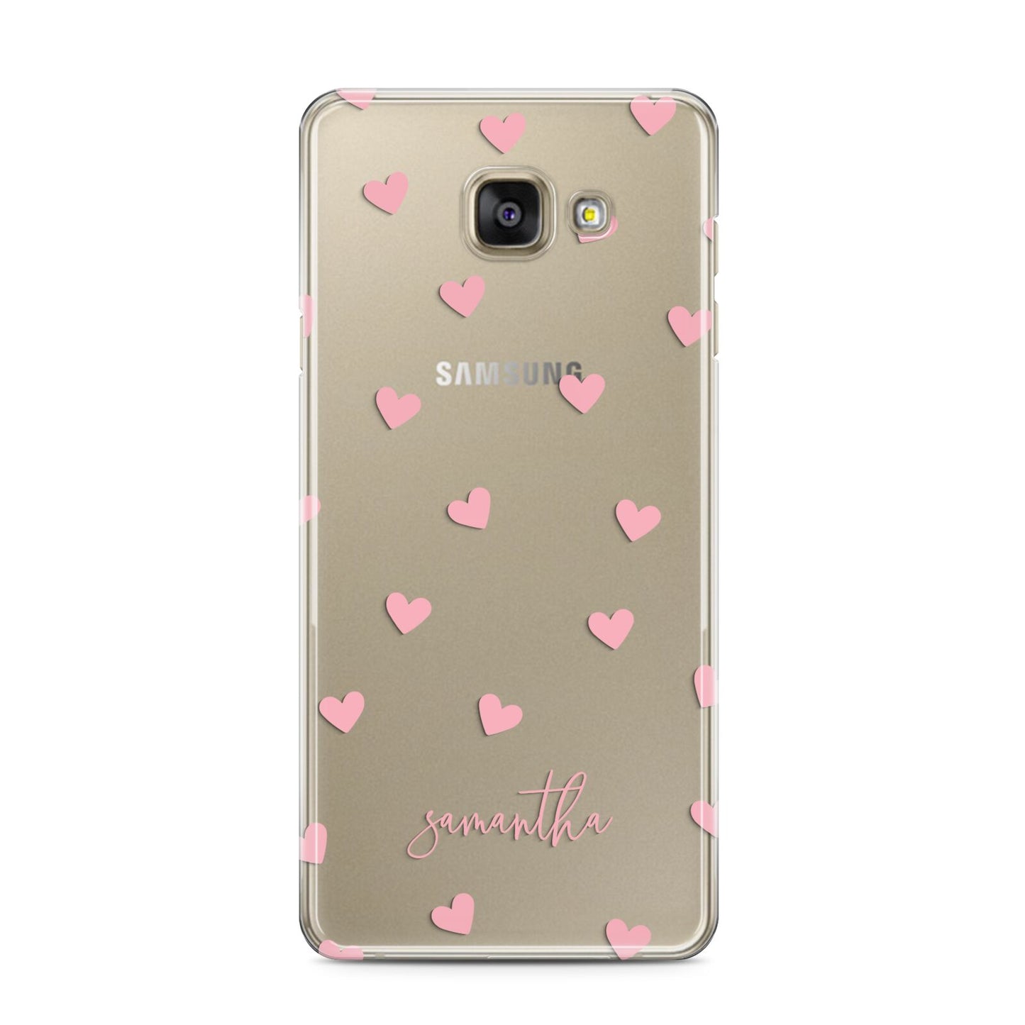 Pink Hearts with Custom Name Samsung Galaxy A3 2016 Case on gold phone