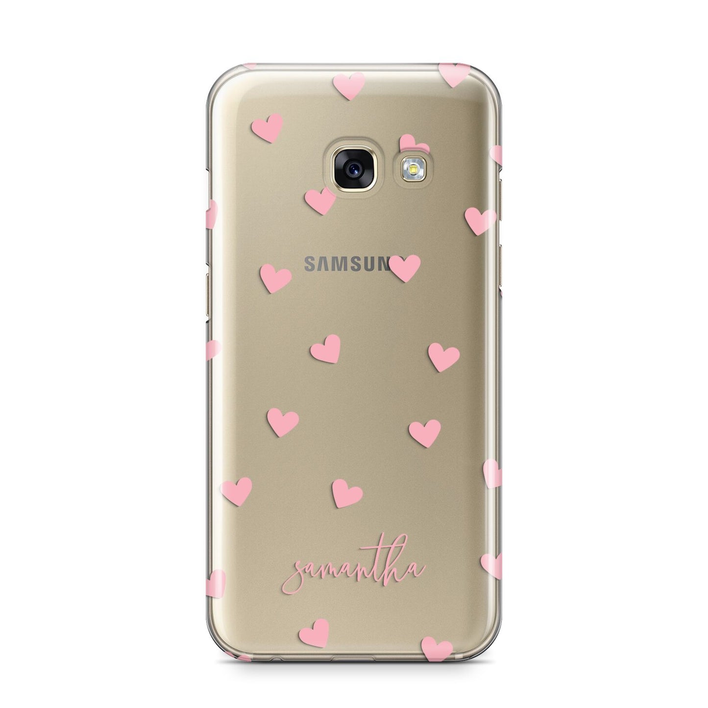 Pink Hearts with Custom Name Samsung Galaxy A3 2017 Case on gold phone