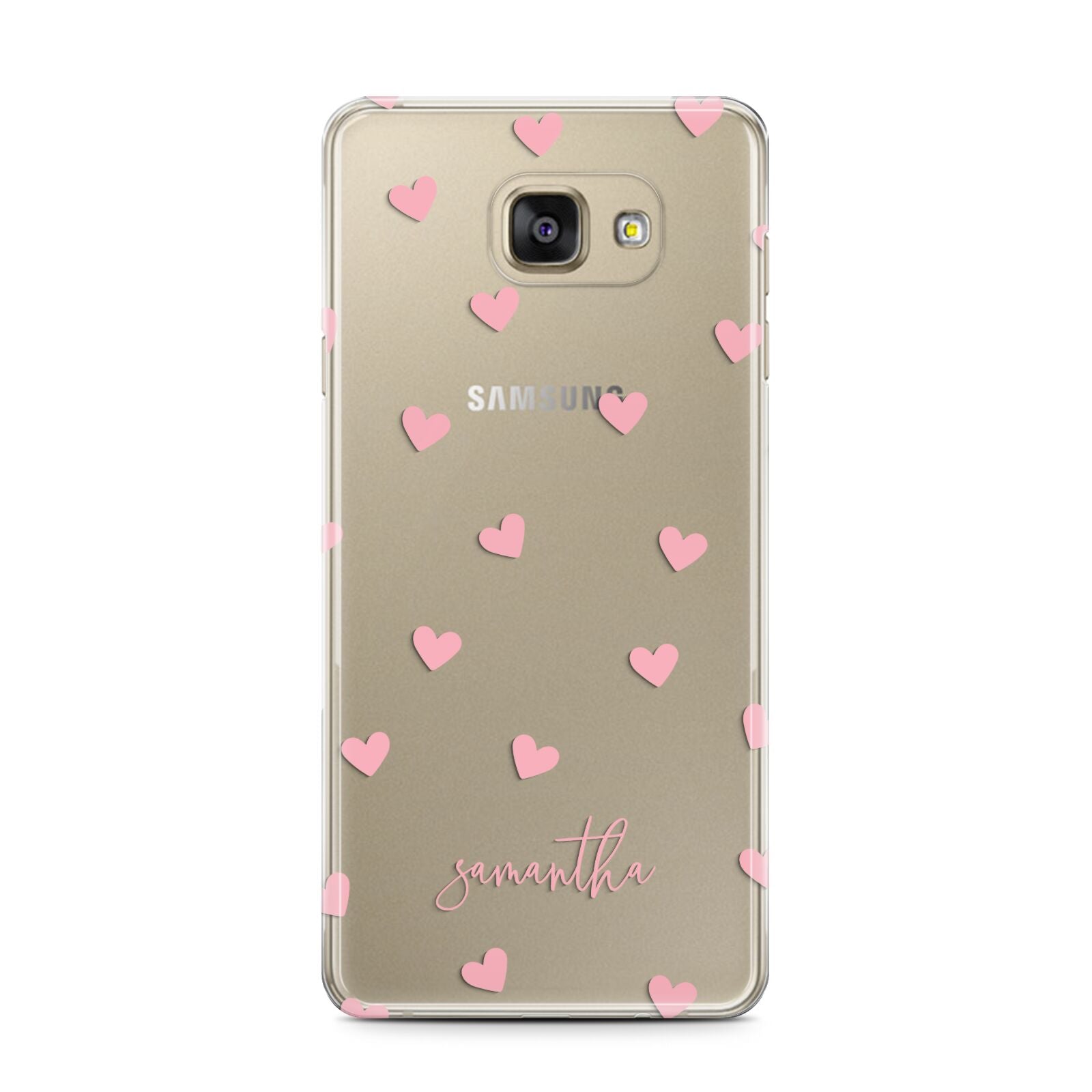 Pink Hearts with Custom Name Samsung Galaxy A7 2016 Case on gold phone