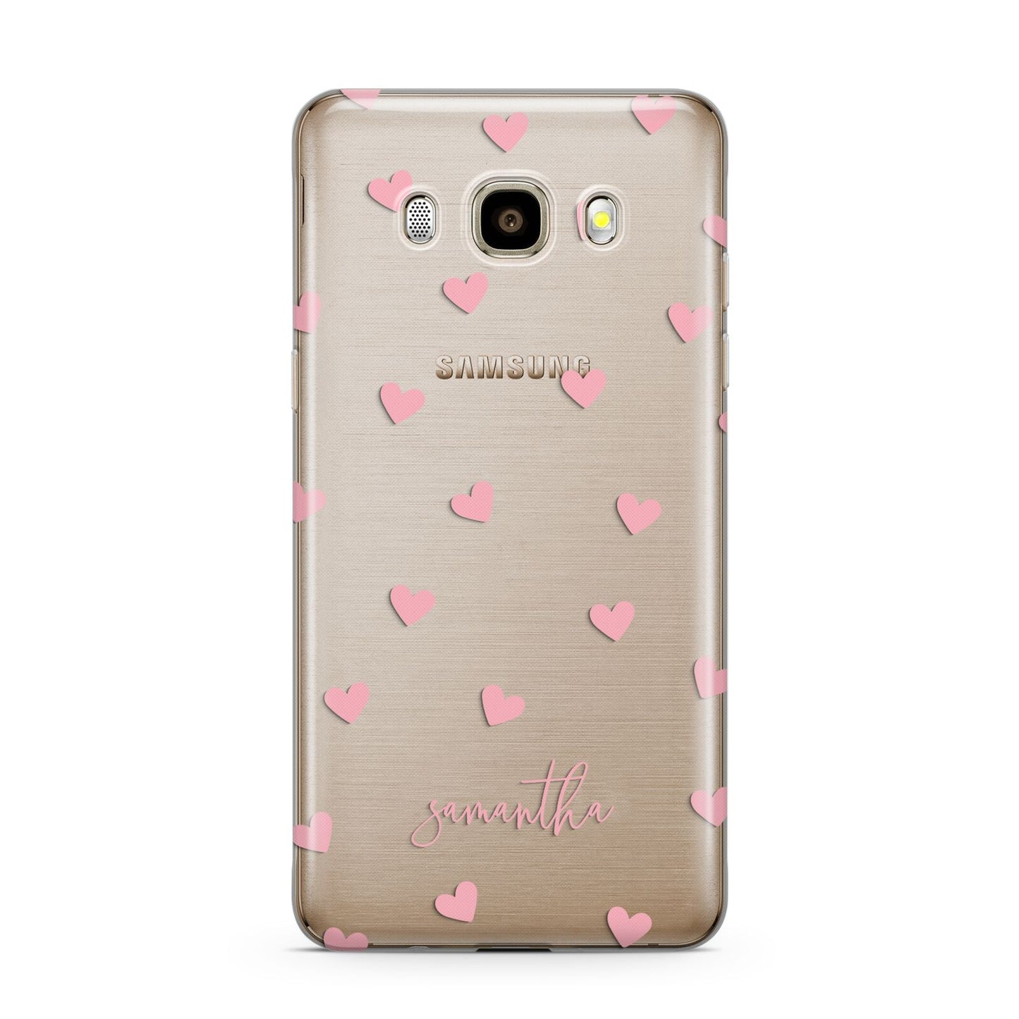 Pink Hearts with Custom Name Samsung Galaxy J7 2016 Case on gold phone