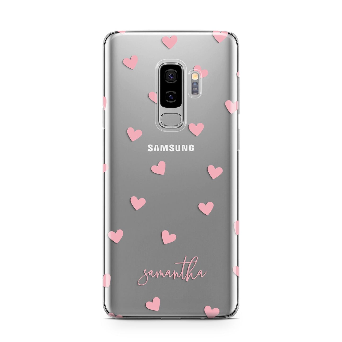 Pink Hearts with Custom Name Samsung Galaxy S9 Plus Case on Silver phone