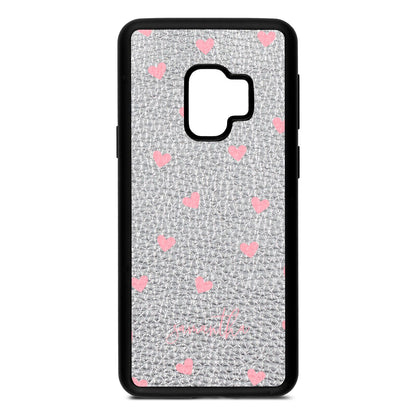 Pink Hearts with Custom Name Silver Pebble Leather Samsung S9 Case