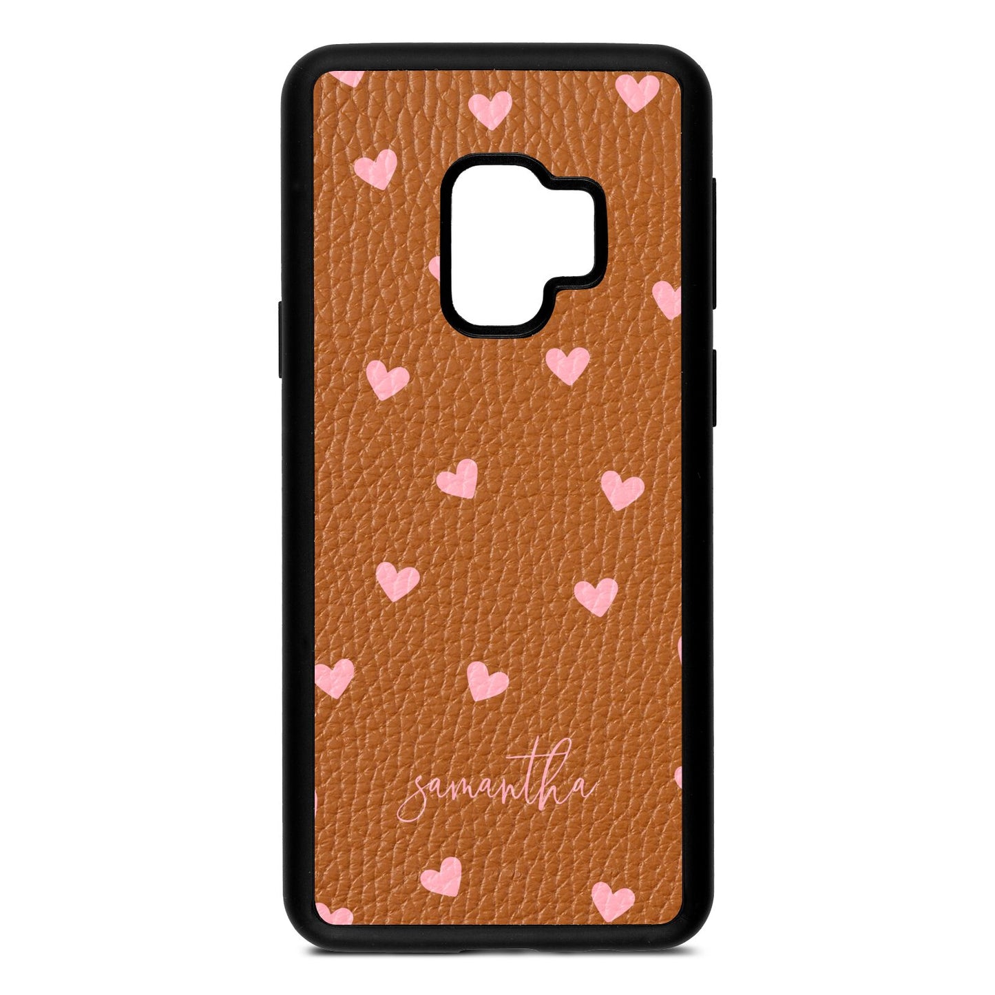 Pink Hearts with Custom Name Tan Pebble Leather Samsung S9 Case